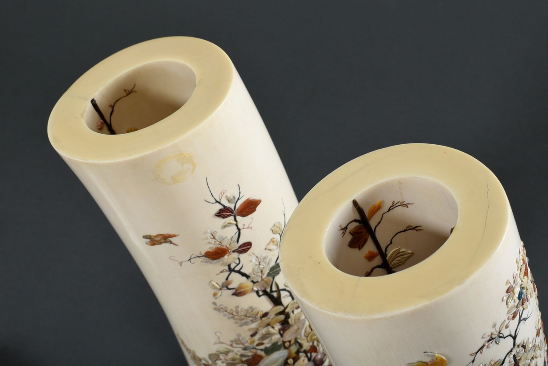 Pair of important Shibayama Okimono "Birds and Plants", ivory with fine carved and engraved mother- - Image 7 of 11