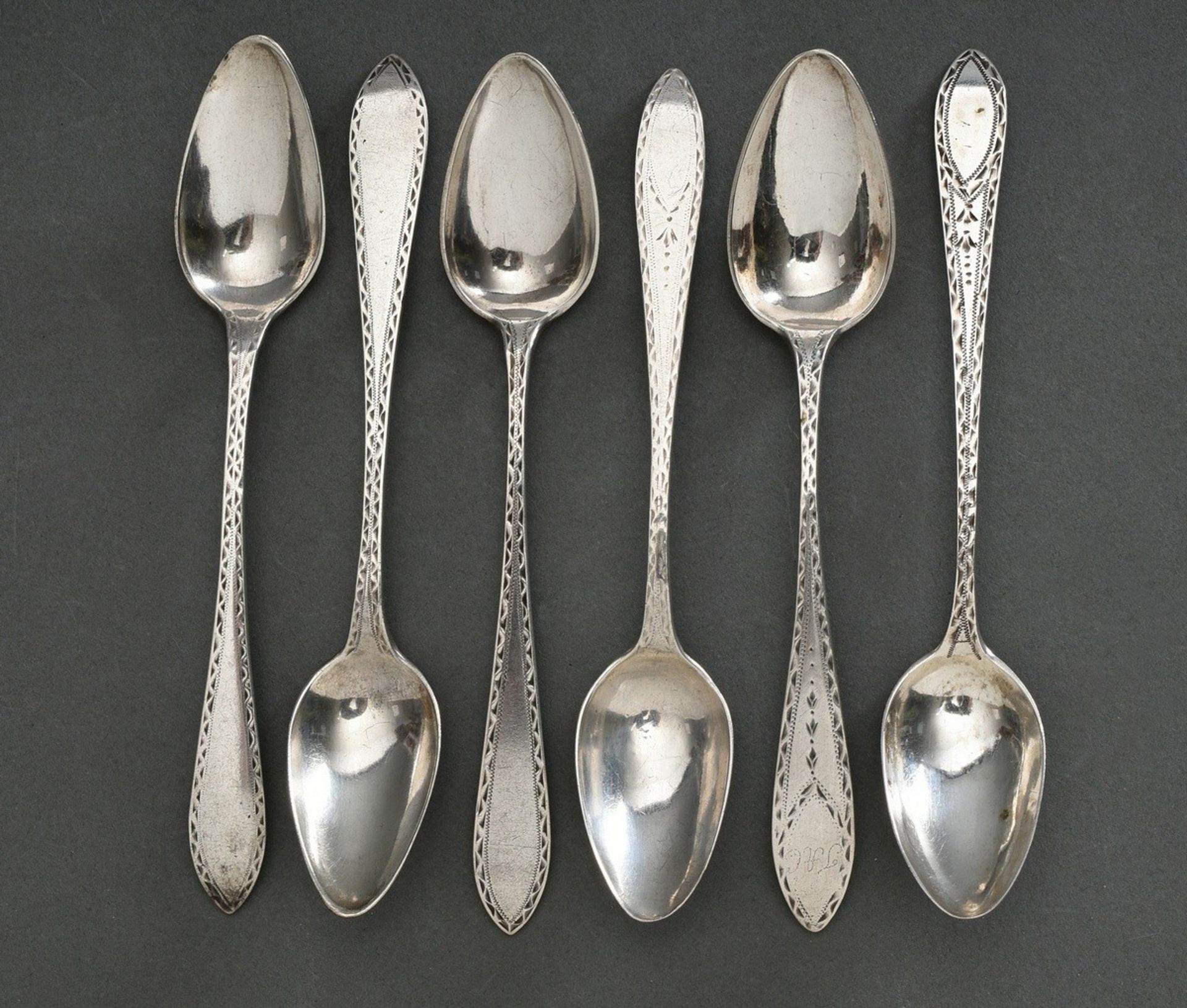 6 Various North German teaspoons with lancet-shaped handles, different floral ornamental brightcut  - Image 2 of 4