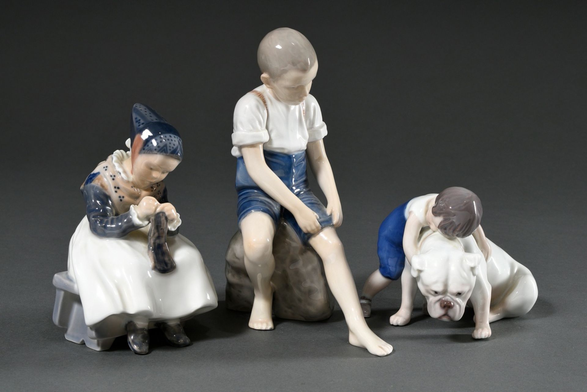 3 Various porcelain figures "Amager girl in traditional costume", "Boy with bulldog" and "Boy on st