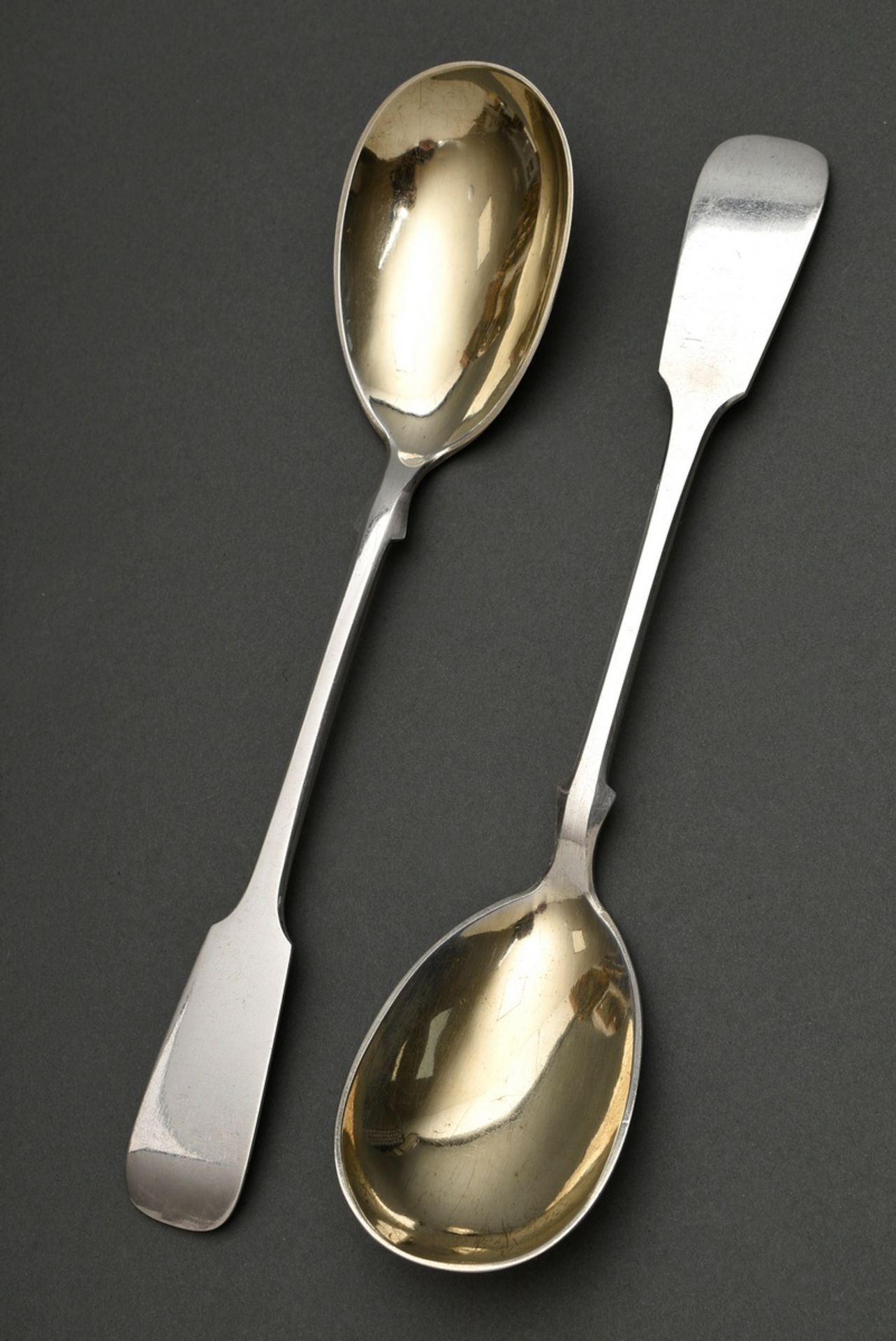 Pair of serving spoons "spade pattern " with gilded scoop, uninterpreted maker's mark, jeweller's m