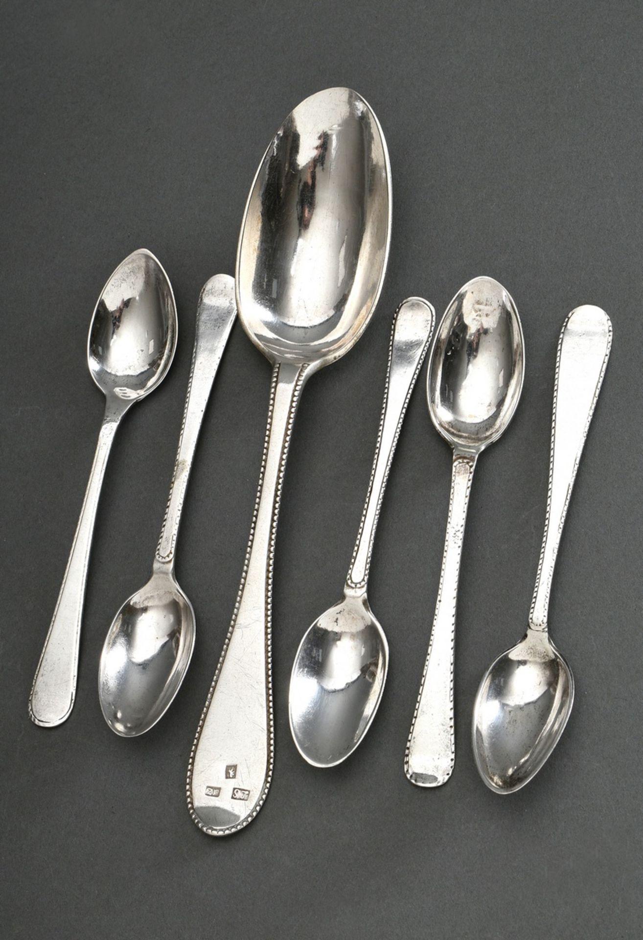 6 Various "Pearl Pattern" spoons with engraved owner's marks, various maker's and assayer's marks: 