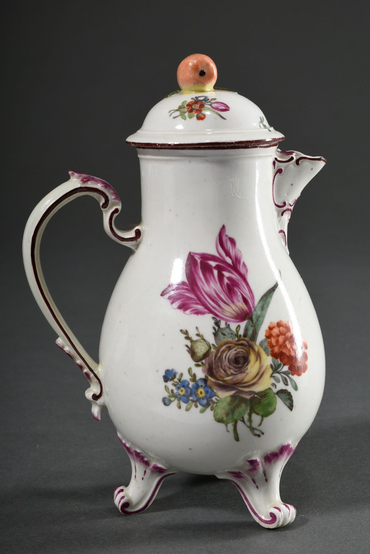 2 pieces of Ludwigsburg porcelain with polychrome floral painting and purple rim, 18th century: fou - Image 3 of 9