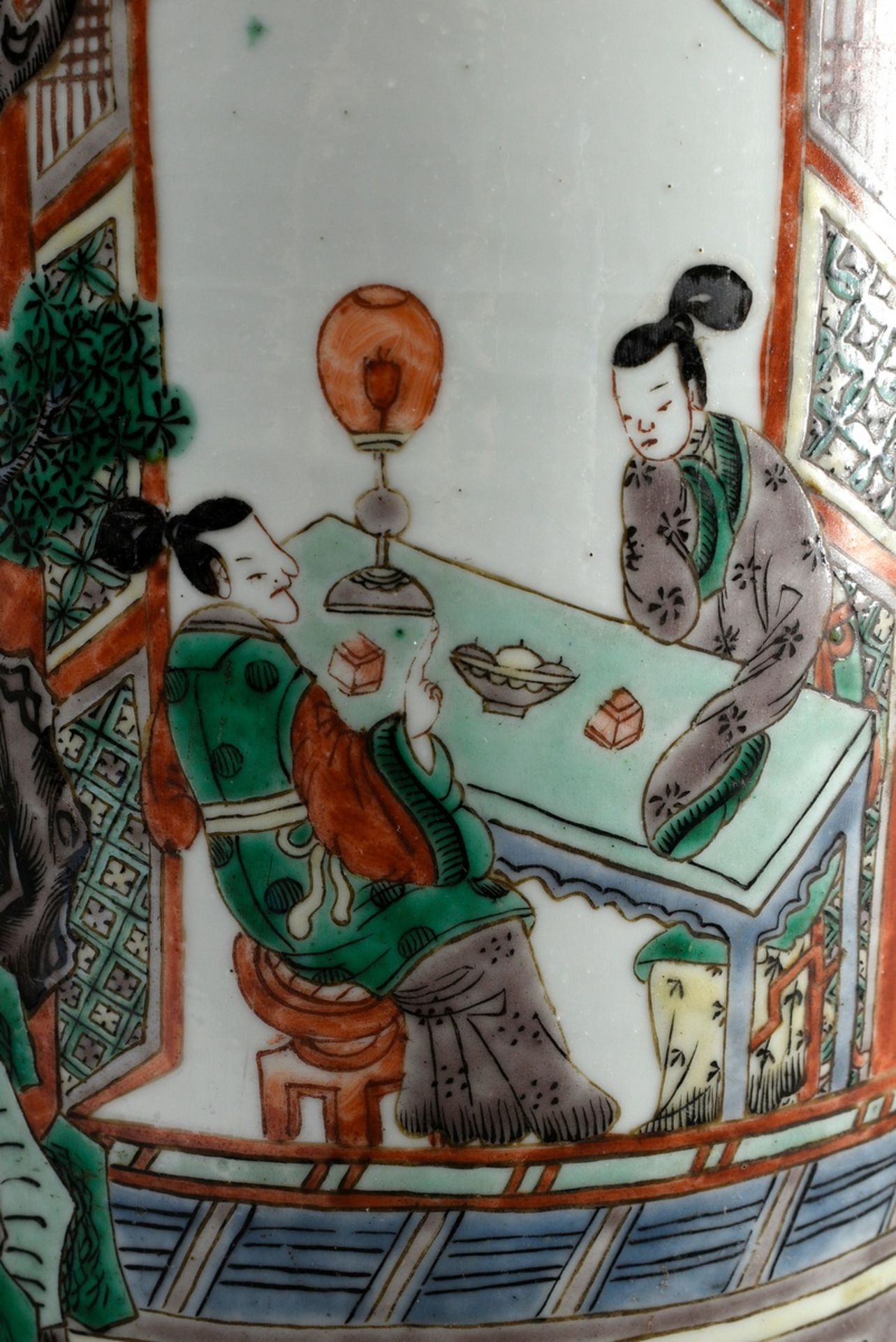 Large Rolleau vase with Kangxi style Famille Verte painting "Rural garden scene with high-ranking p - Image 3 of 6