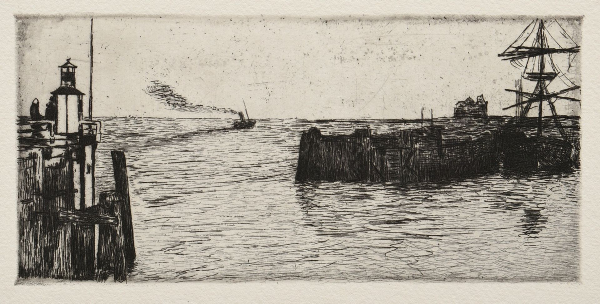 Schaper, Friedrich (1869-1956) "Hafenausfahrt mit Dampfschiff", Radierung, verso Nachlassstempel, P