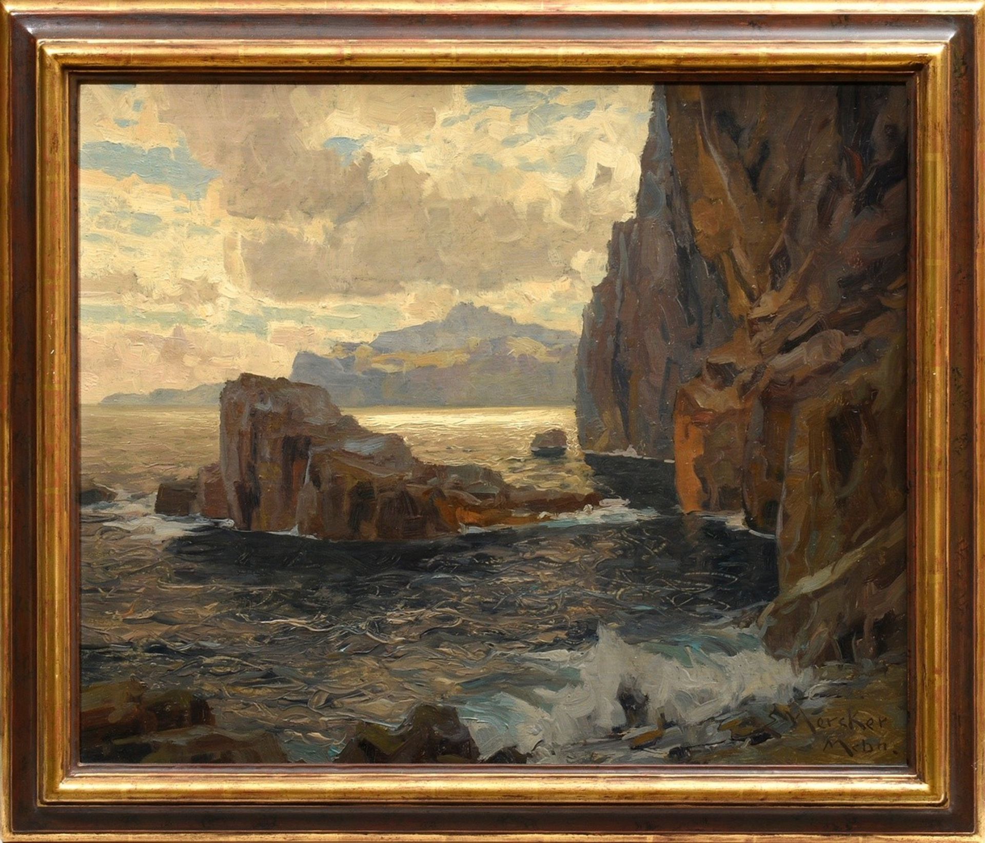 Mercker, Erich (1891-1973) „Felsige Küste“, Öl/Platte, u.r. sign./bez., 50,5x61cm (m.R. 60x70,5cm) - Bild 2 aus 3