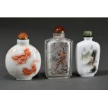 3 Diverse Snuffbottles: Porzellan mit Fo Löwen Dekor, 4-Zeichen Qianlong Marke / Weißes opakes Glas