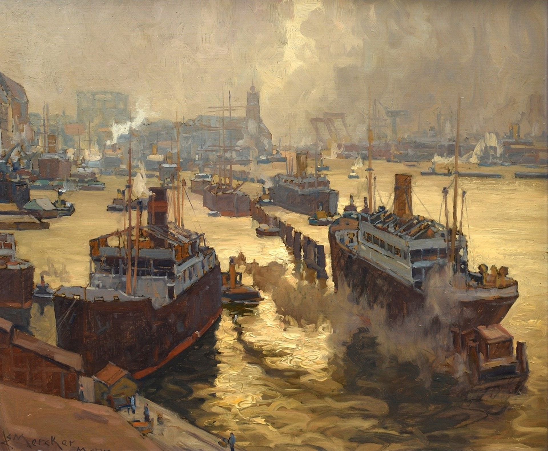 Mercker, Erich (1891-1973) "Hamburg Harbour", oil/panel, sign./inscr. on the lower left, 50,5x61cm 