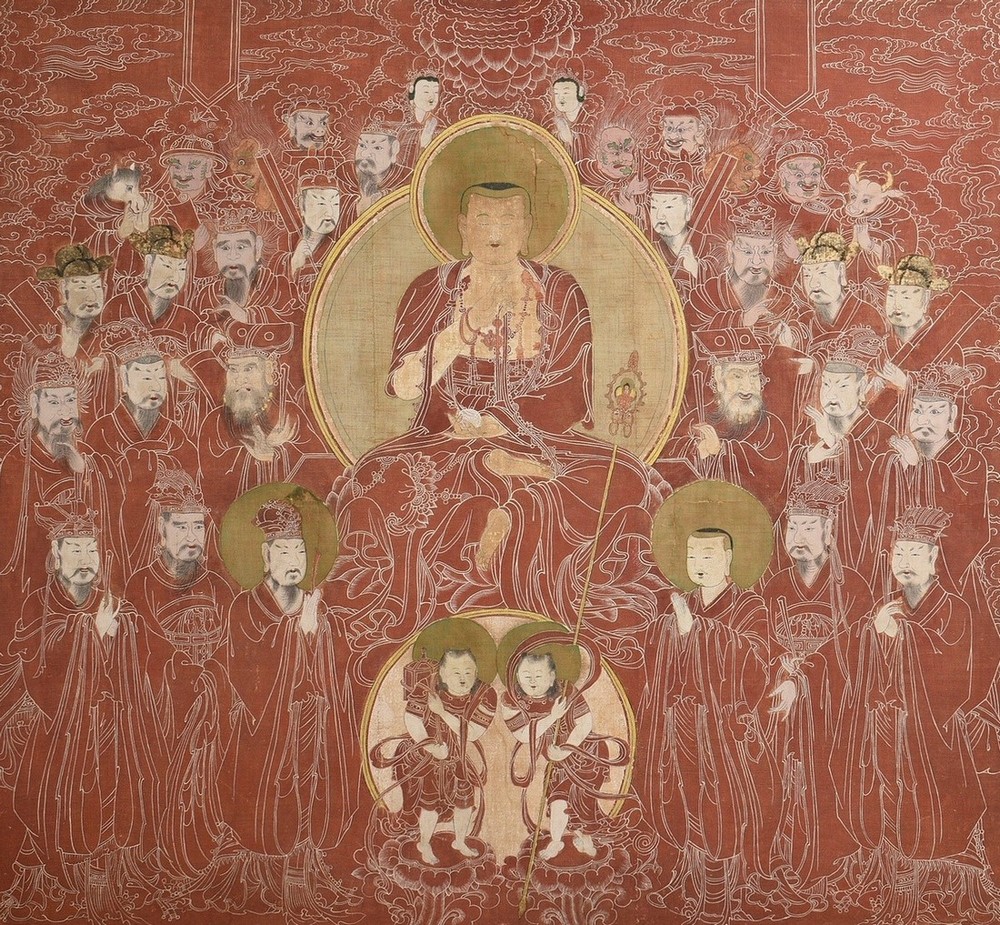 Large altarpiece "Chijang Posal" Ruler of the Underworld (Chinese: Dizang Pusa; Sanskrit: Bodhisatt