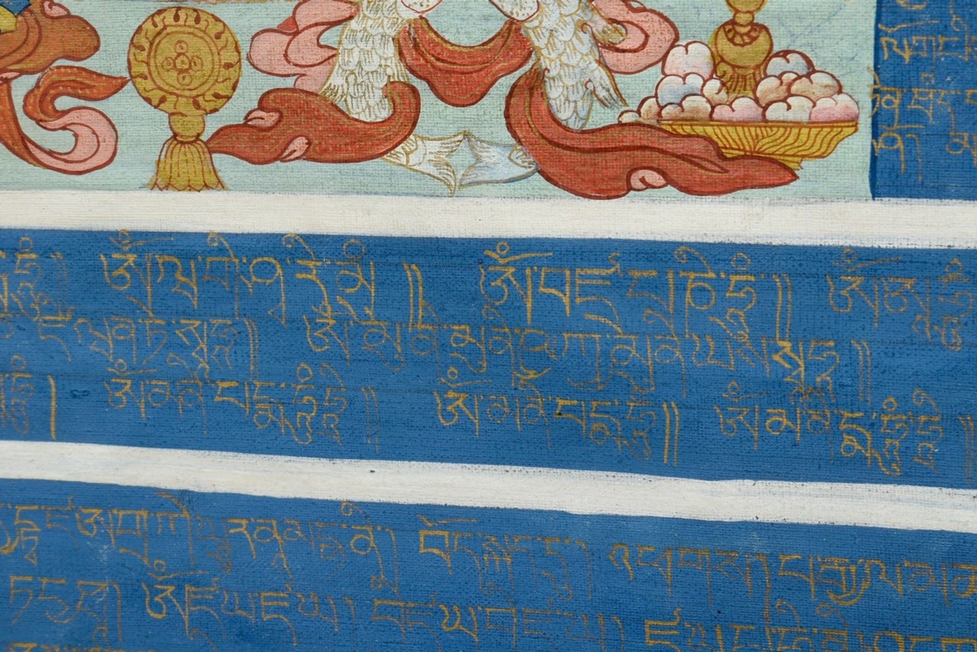 Tibetan thangka with central "Wind Horse" depiction, framed by prayer texts, Buddhist symbols, Bodh - Image 5 of 5