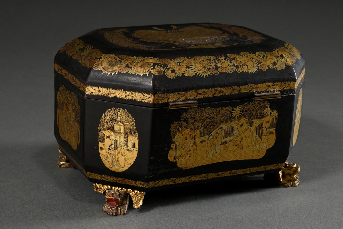 Cantonese export lacquer box with fine gold painting "Animated Everyday Scenes" and dragon framing, - Image 4 of 9