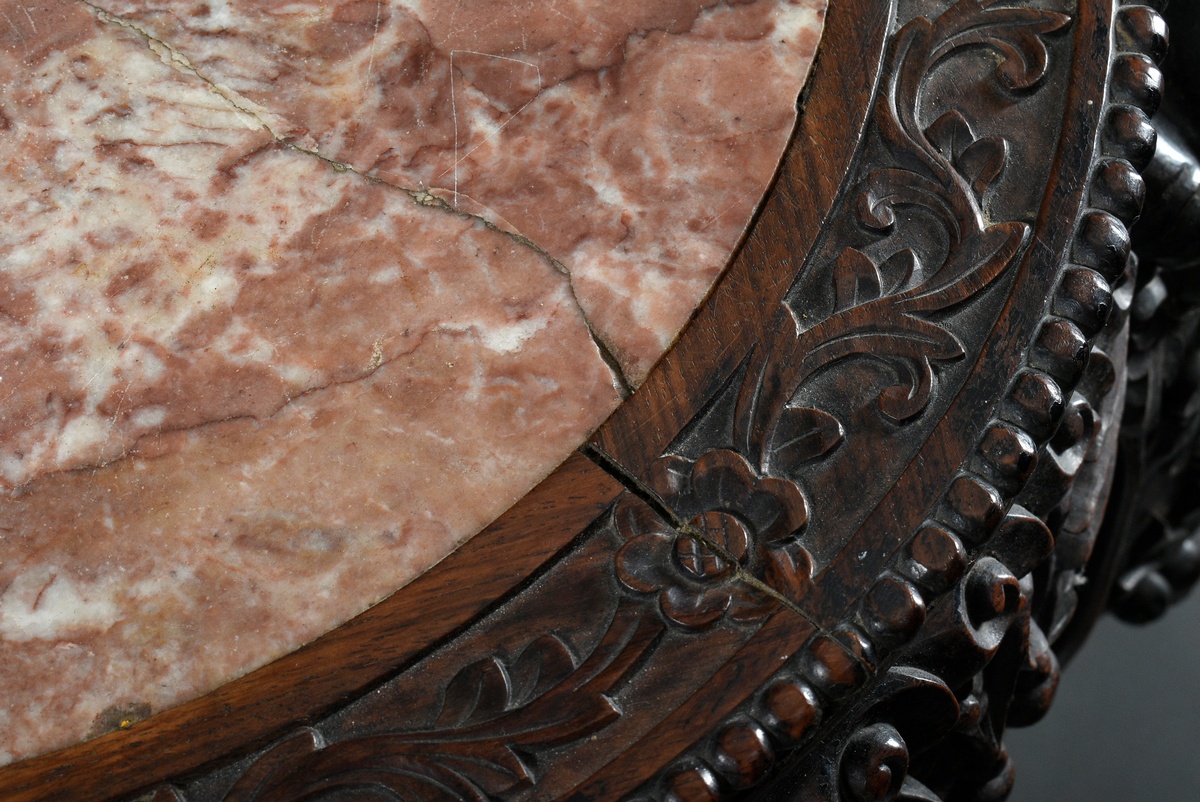 2 Various round redwood stools with richly carved frames and reddish marble tops, late 19th c., h.  - Image 4 of 9