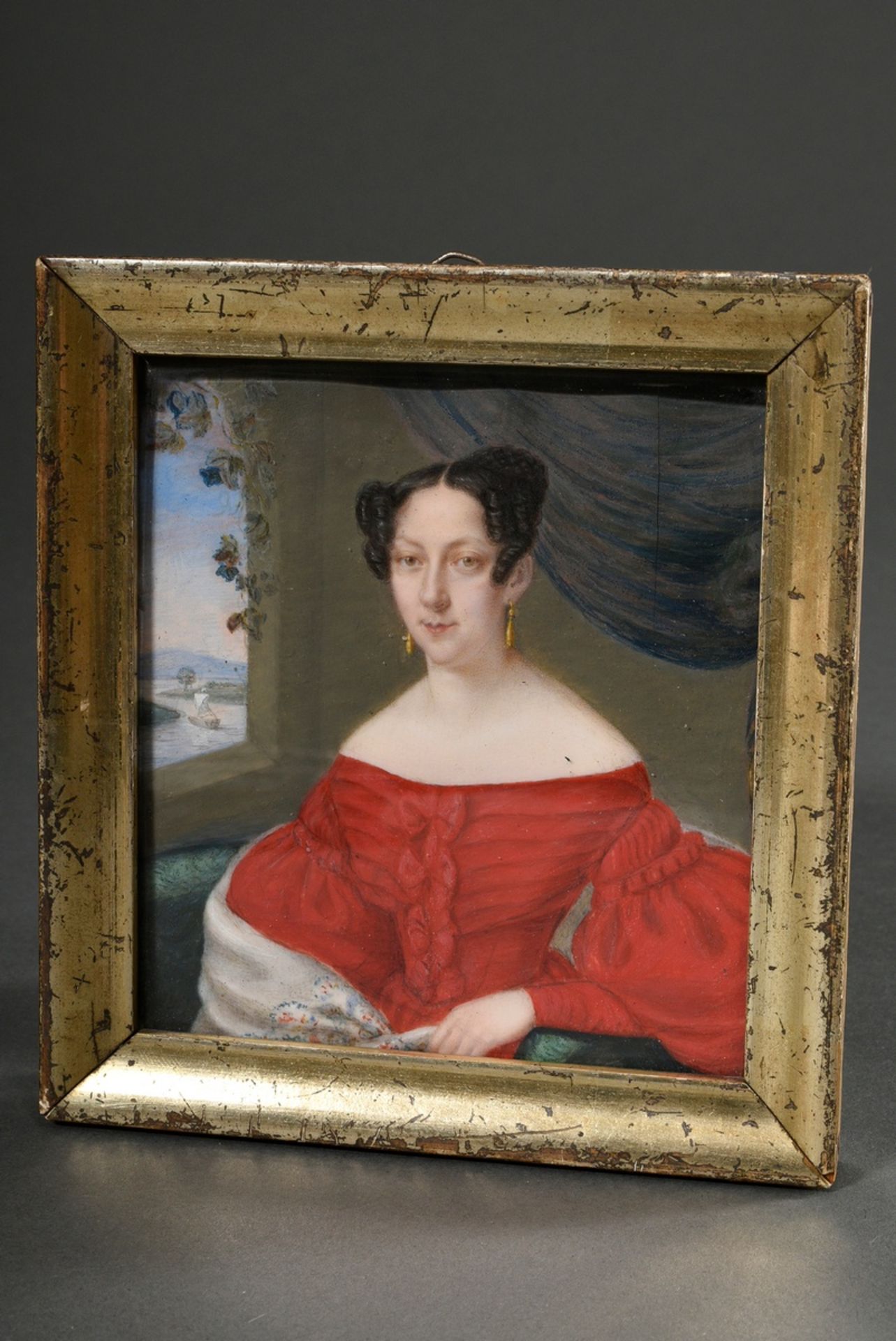 Fine Biedermeier miniature "Lady in a red dress", gouache/paper, on verso collection label "G. Ad. 