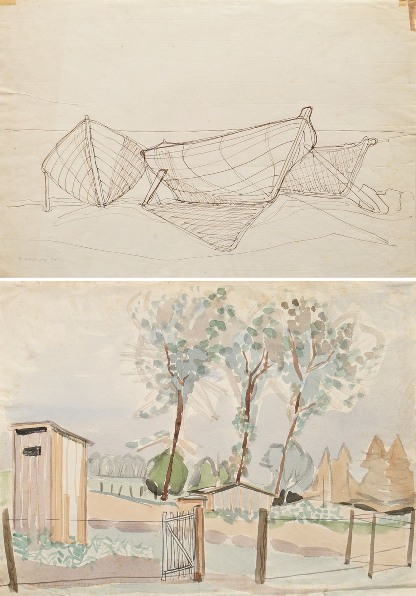 2 Kronenberg, Fritz (1901-1960) "Garden house with toilet" and "Boats" 1934, watercolour and pen an