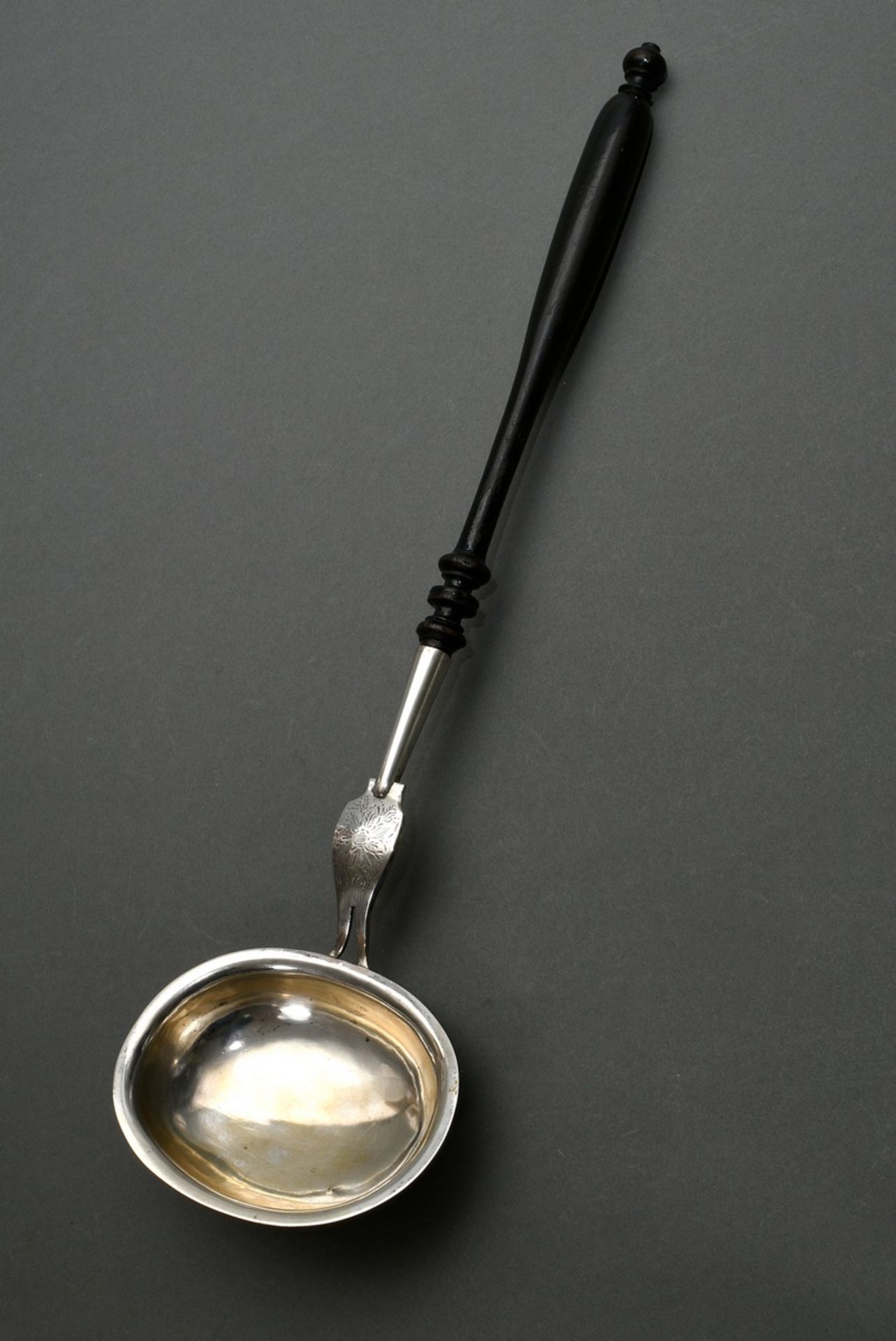 North German Biedermeier ladle with black turned wooden handle, floral engraving, engraved owner's 