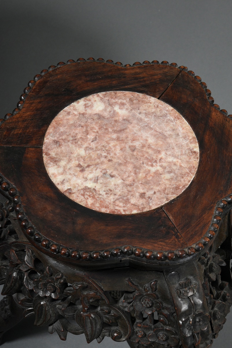 2 Various round redwood stools with richly carved frames and reddish marble tops, late 19th c., h.  - Image 8 of 9