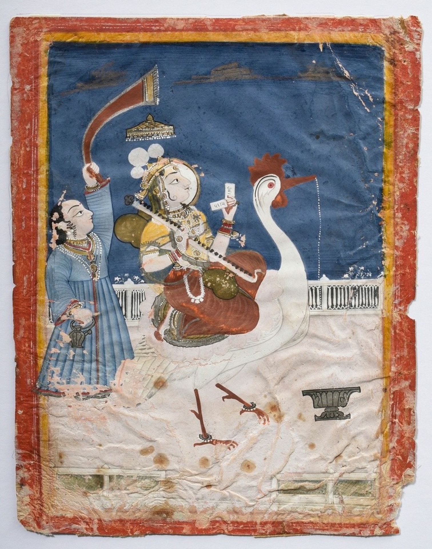 Indisches Albumblatt "Hinduistische Göttin auf Vogel Vahana", Gouache/Papier, Indien wohl 19. Jh., 