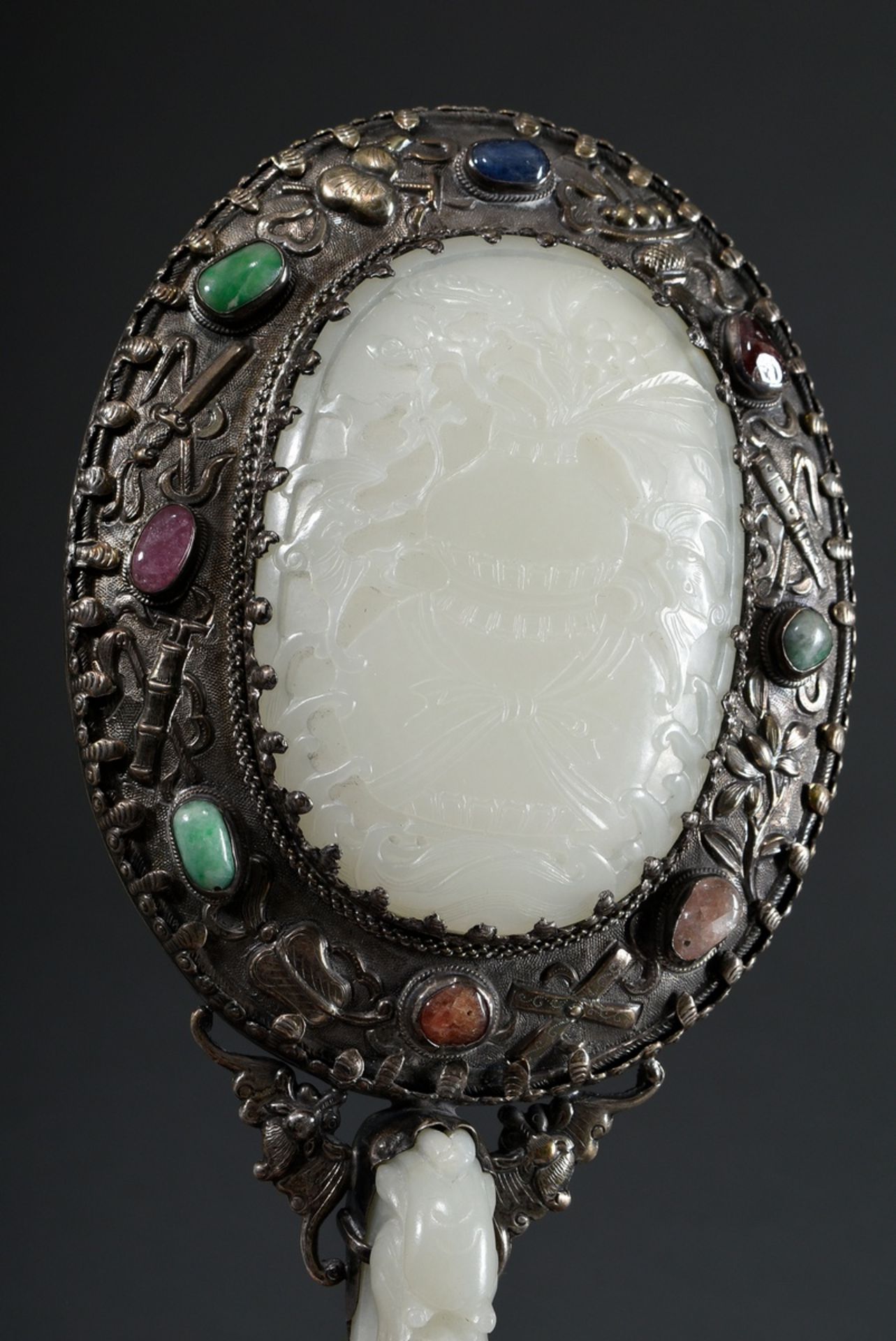 Chinese silver hand mirror with incorporated fine light hetian jade plaque with raised relief "flow - Image 2 of 9