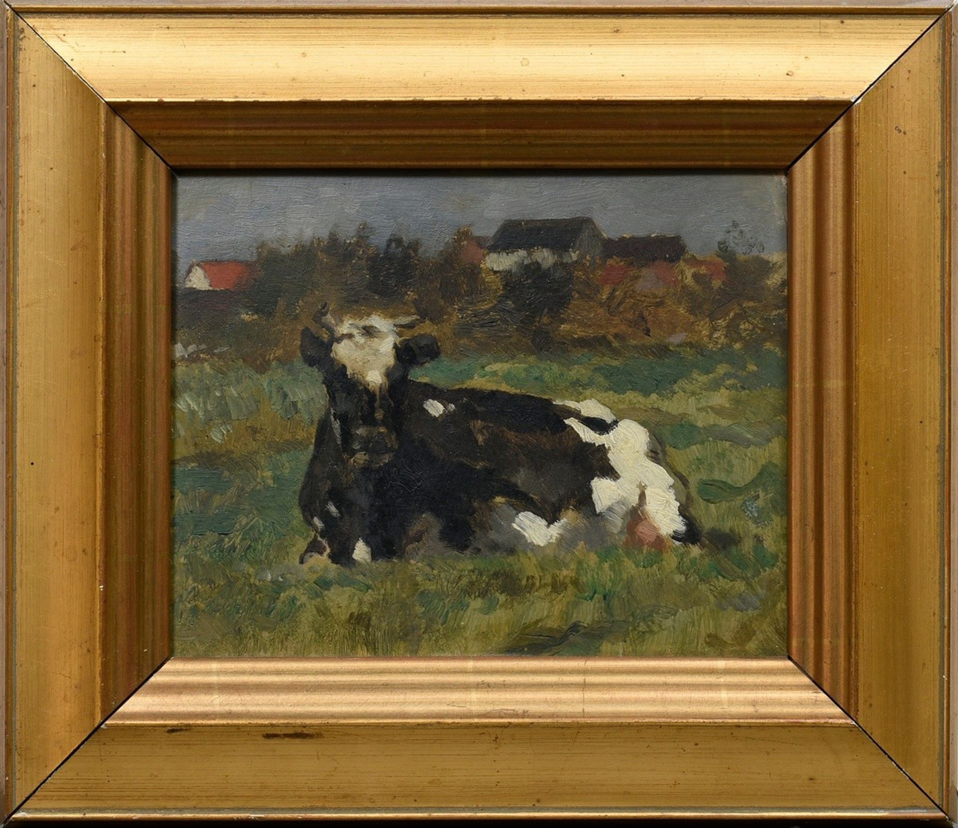 Unknown artist c. 1900 "Lying cow", oil/wood, 16.8x20.8cm (w.f. 31x27cm) - Image 2 of 3