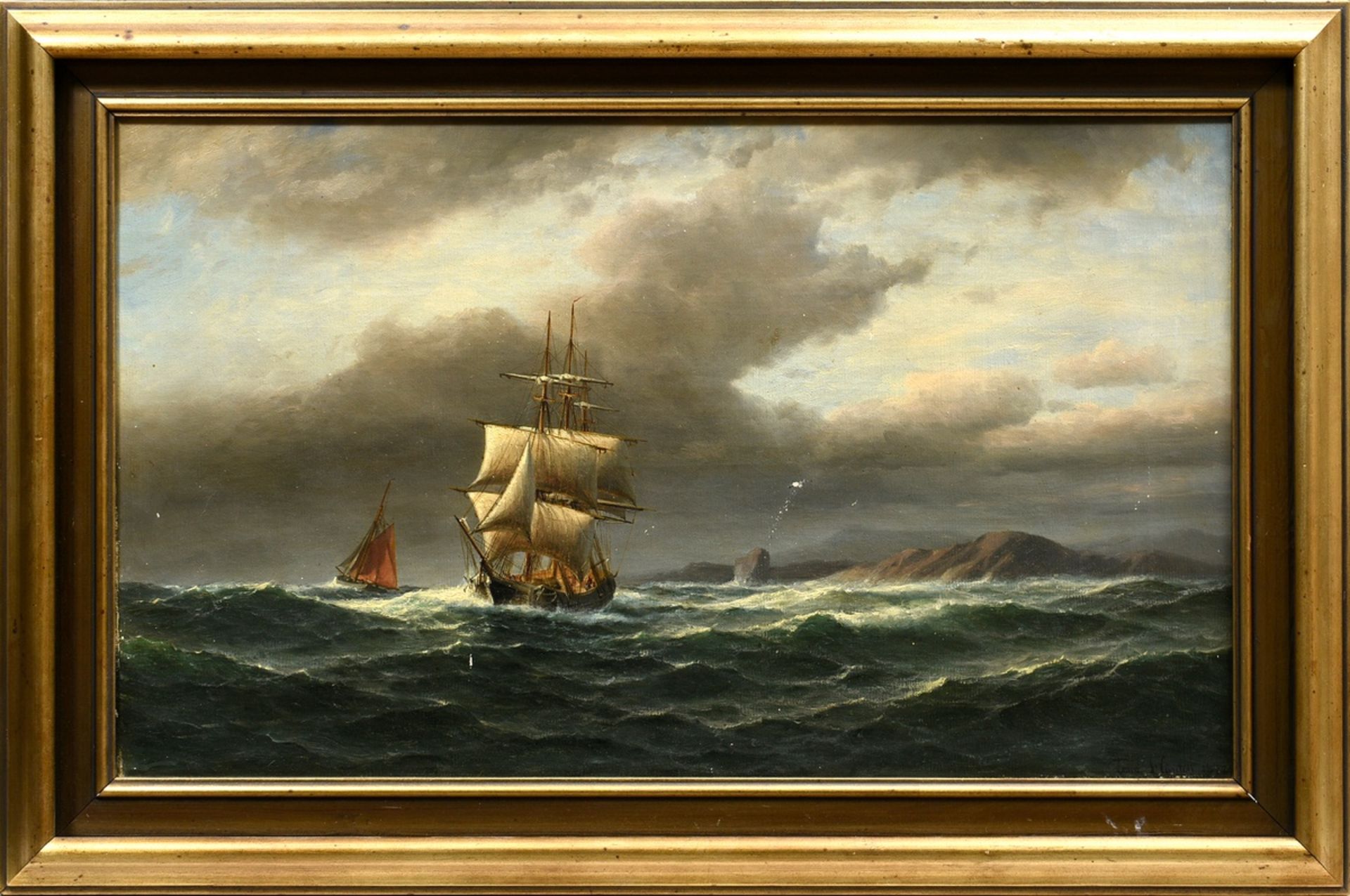 Hünten, Franz Johann Wilhelm (1822-1887) "Segelschiffe vor Küste" 1877, Öl/Leinwand, u.r. sign./dat - Bild 2 aus 8