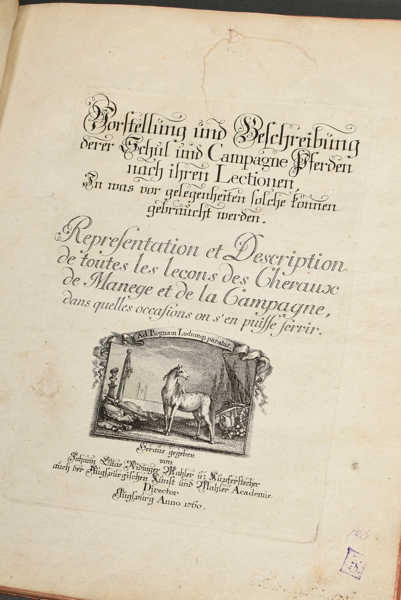 Volume "Vorstellung und Beschreibung derer Schul und Campagne Pferden nach ihren Lectionen..." 1760 - Image 4 of 7