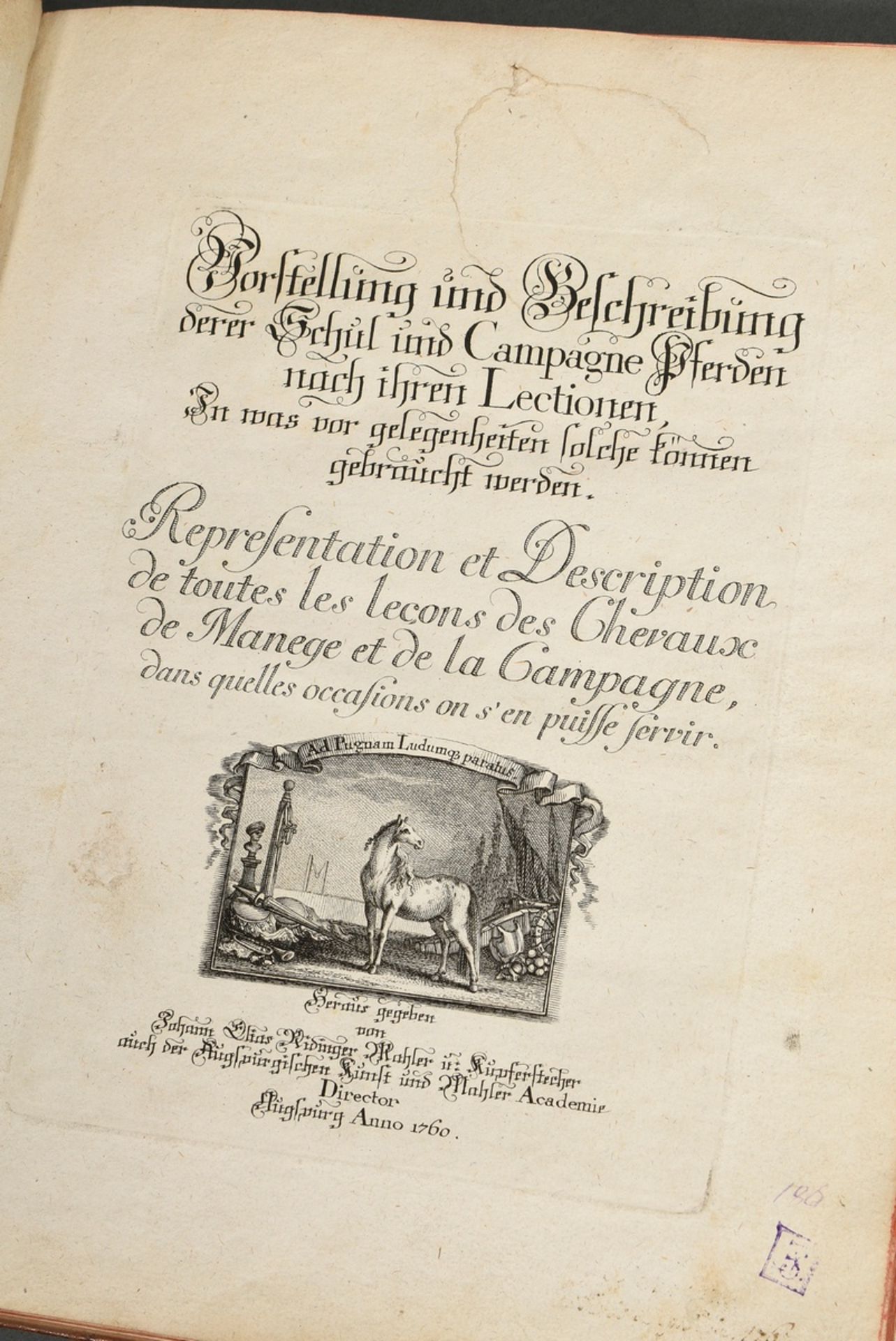 Volume "Vorstellung und Beschreibung derer Schul und Campagne Pferden nach ihren Lectionen..." 1760 - Image 4 of 7