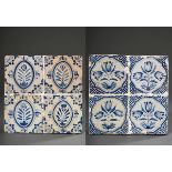 2 Diverse Tableaus aus je 4 Blaumalereifliesen: "Blumen in ovalen Kartuschen mit Lilien- bzw. ornam