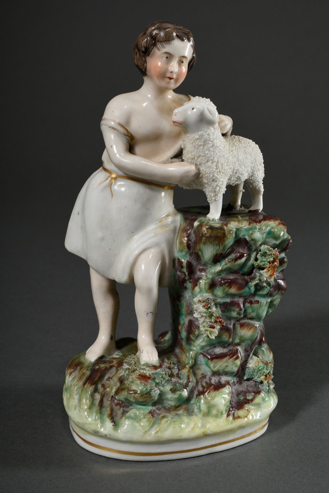 2 Diverse Staffordshire Keramik Figuren "Junge mit Lamm" und "Liegendes Schaf", farbig staffiert, 1 - Bild 3 aus 9