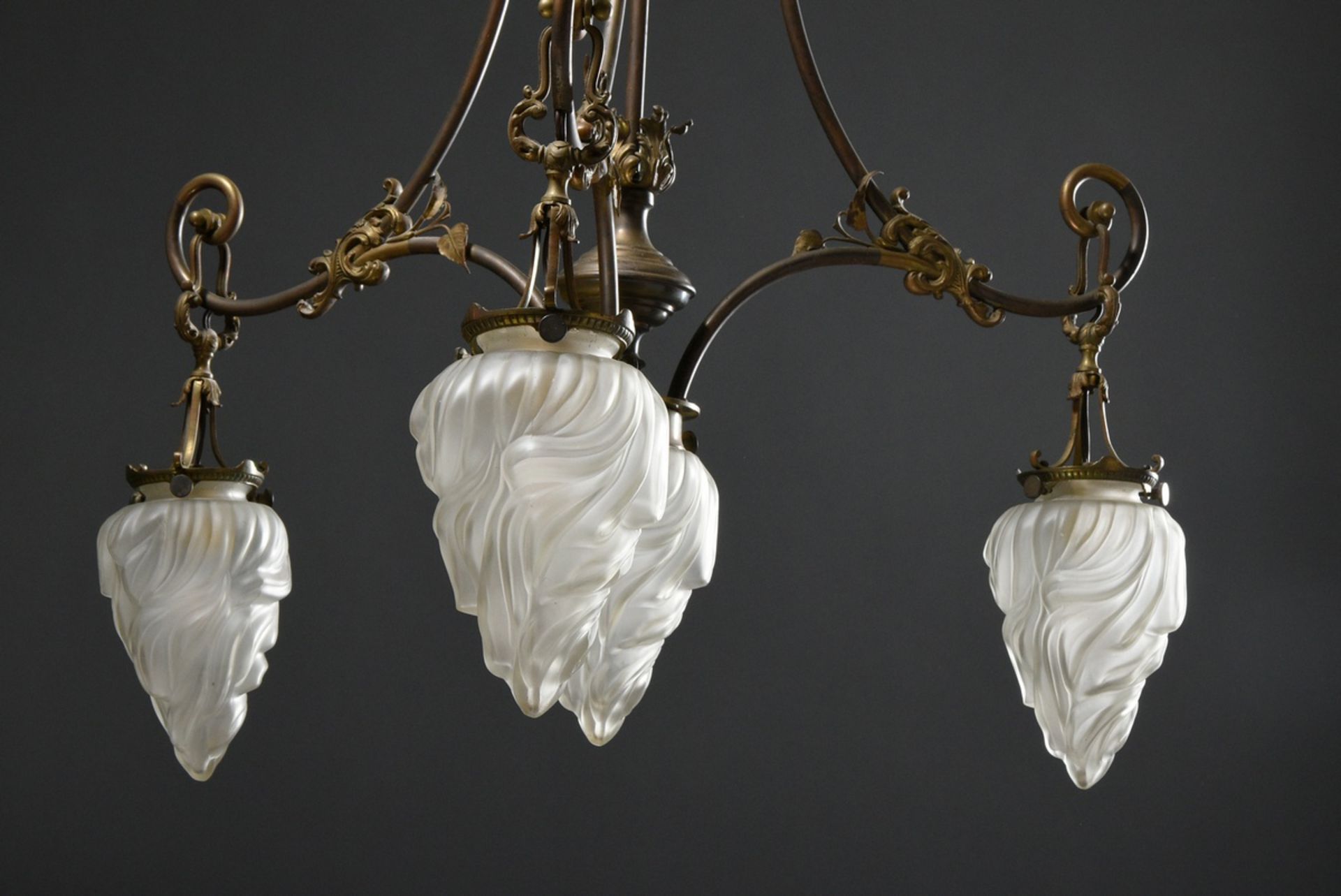 Wilhelminian period ceiling lamp with 4 frosted "flames" glass domes on brass frame with floral dec - Image 9 of 12