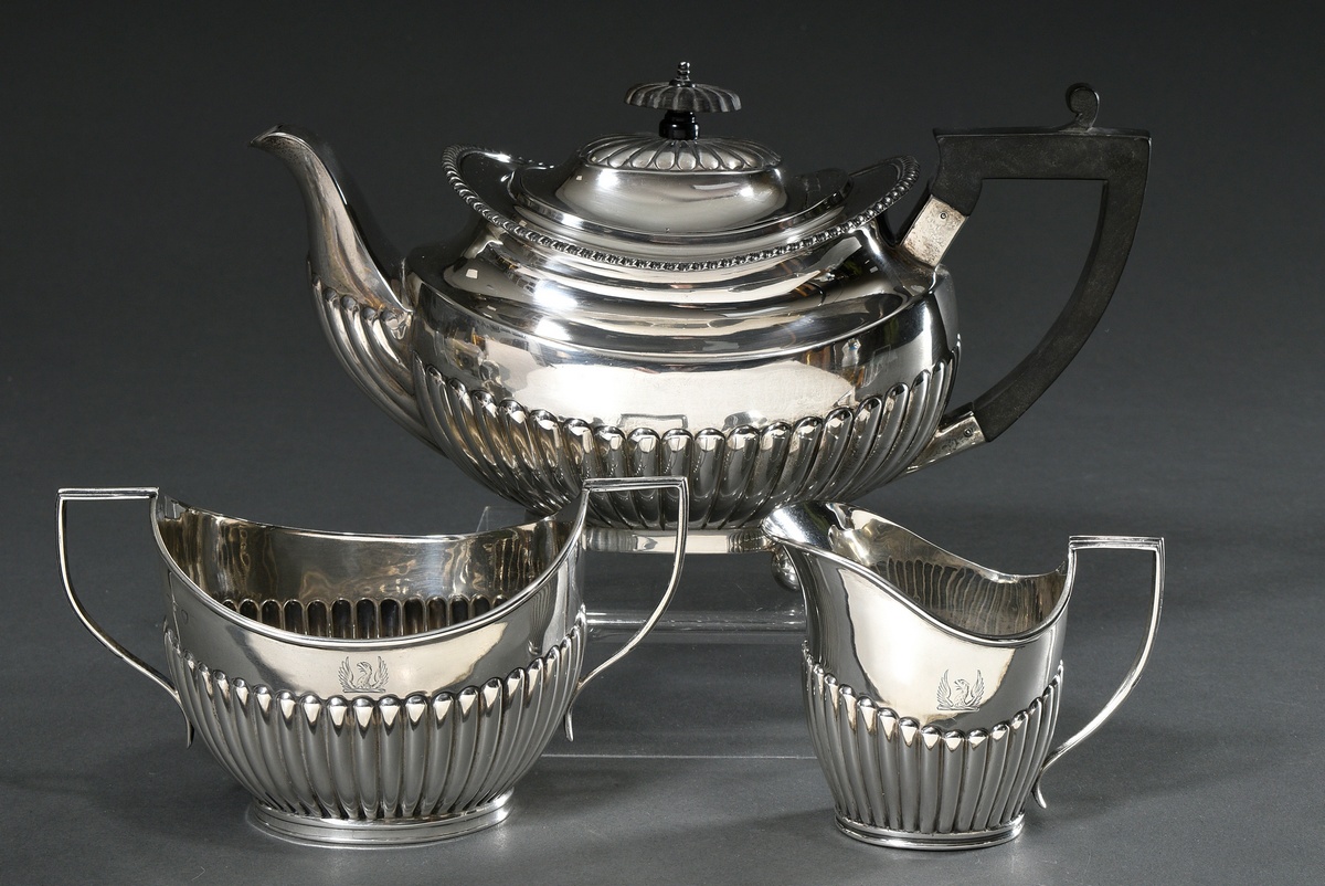 3 pieces tea service in Queen Anne style with grooved rim, MM: Thomas Bradbury & Sons Ltd/Sheffield