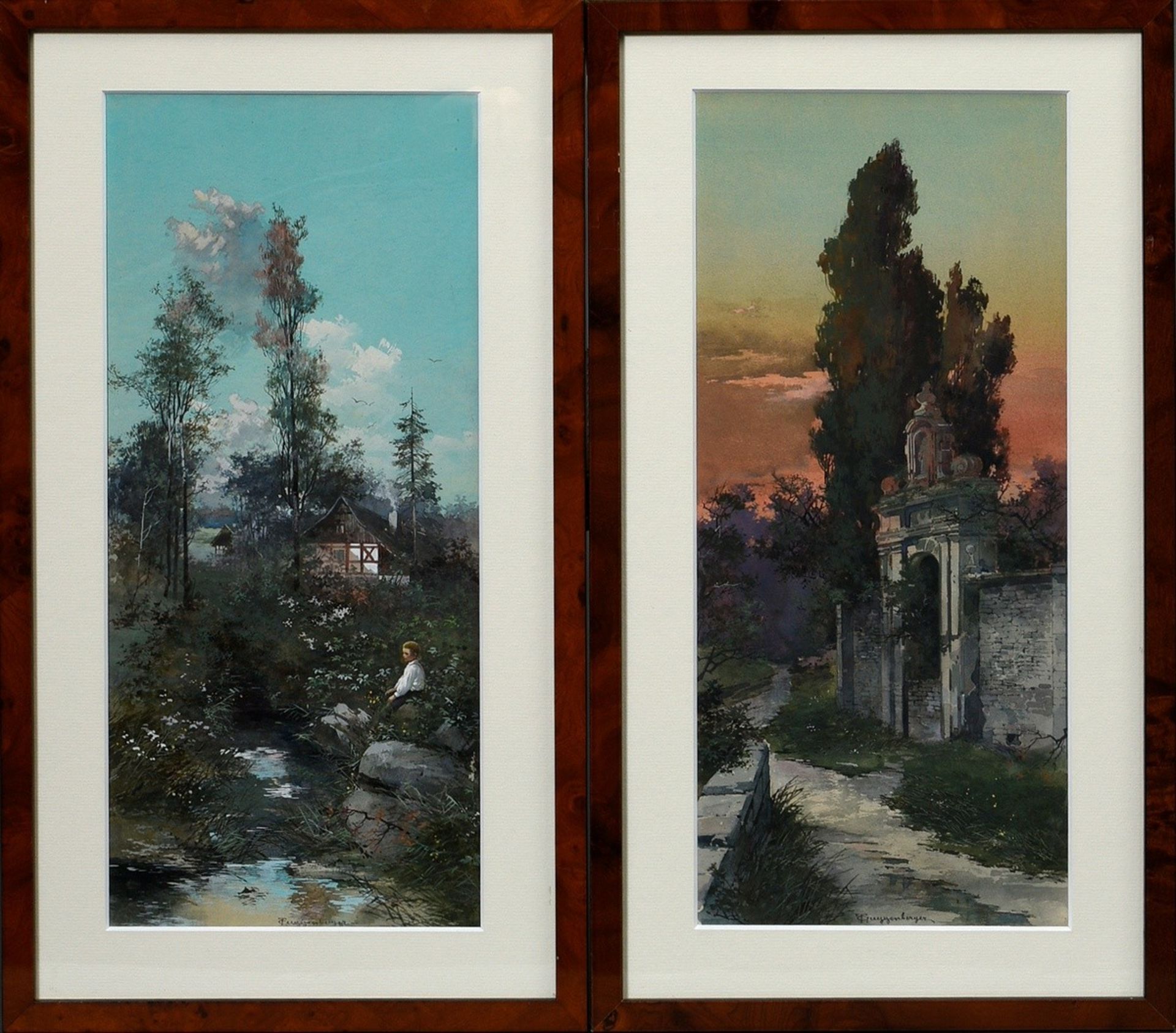 2 Guggenberger, Thomas (1815-1882) "Knabe am Bach vor einem Haus" und "Parkeingang im Sonnenunterga