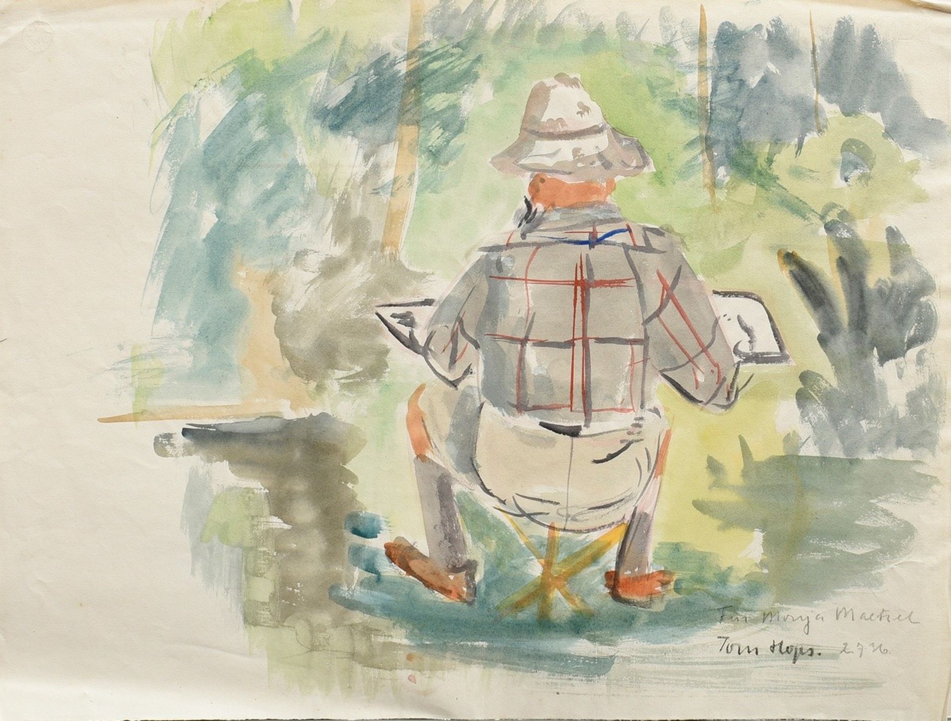 Hops, Tom (1906-1976) "Maler im Garten von hinten" (Emil Maetzel?) 1936, Aquarell, u.r. sign./dat./