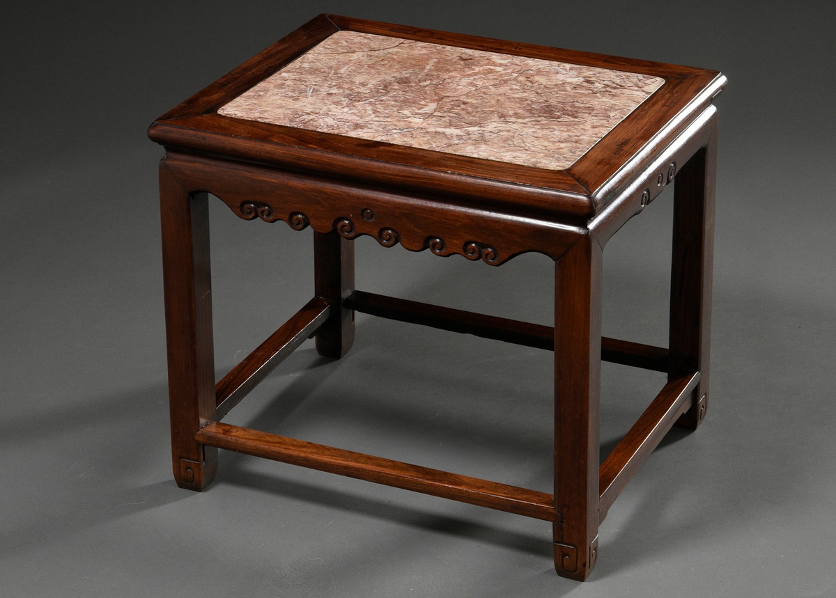 Simple redwood side table with reddish marble top and sparsely carved frame with bar joint, China a