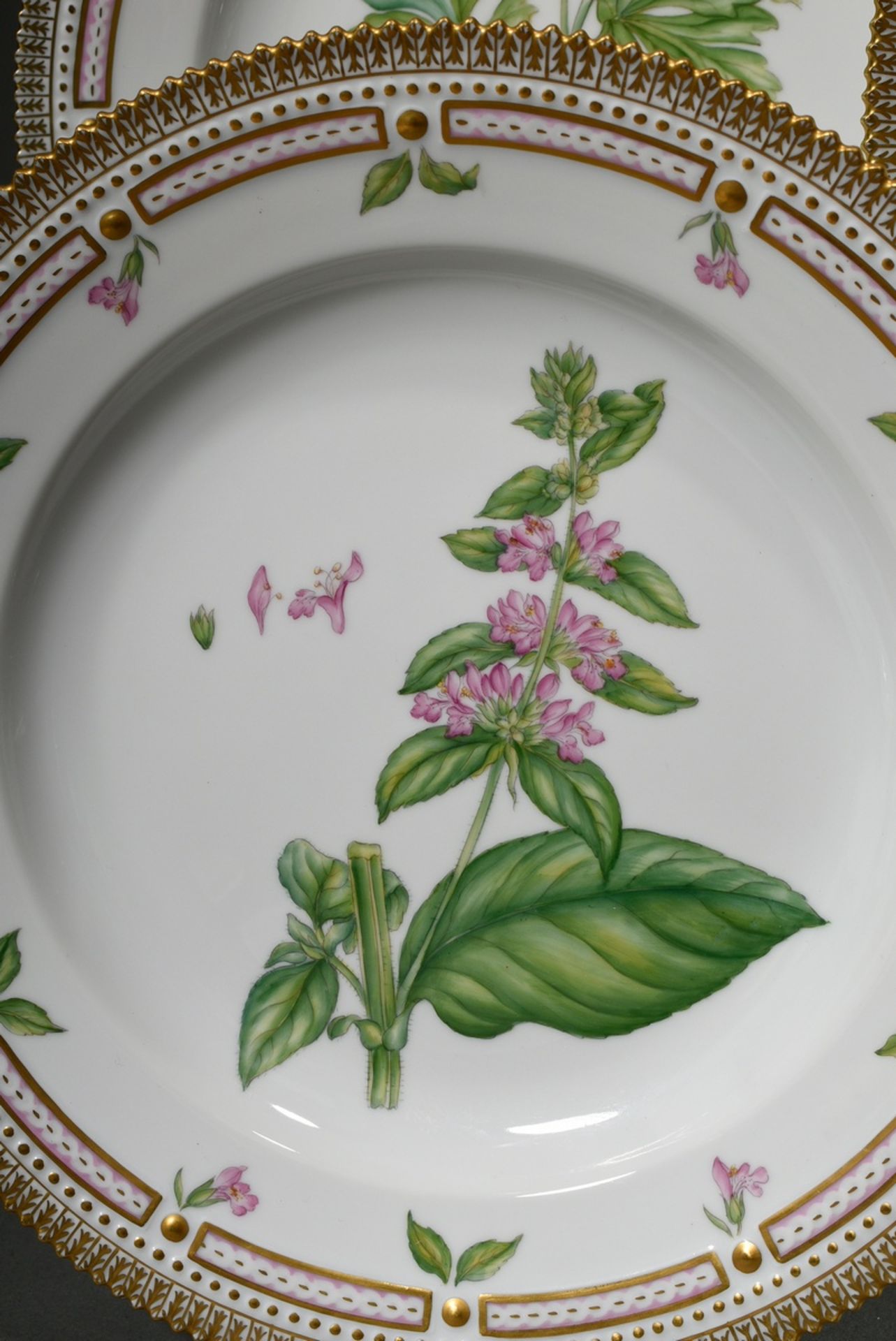 6 Royal Copenhagen "Flora Danica" dinner plates with polychrome painting in the mirror and gold dec - Image 5 of 15