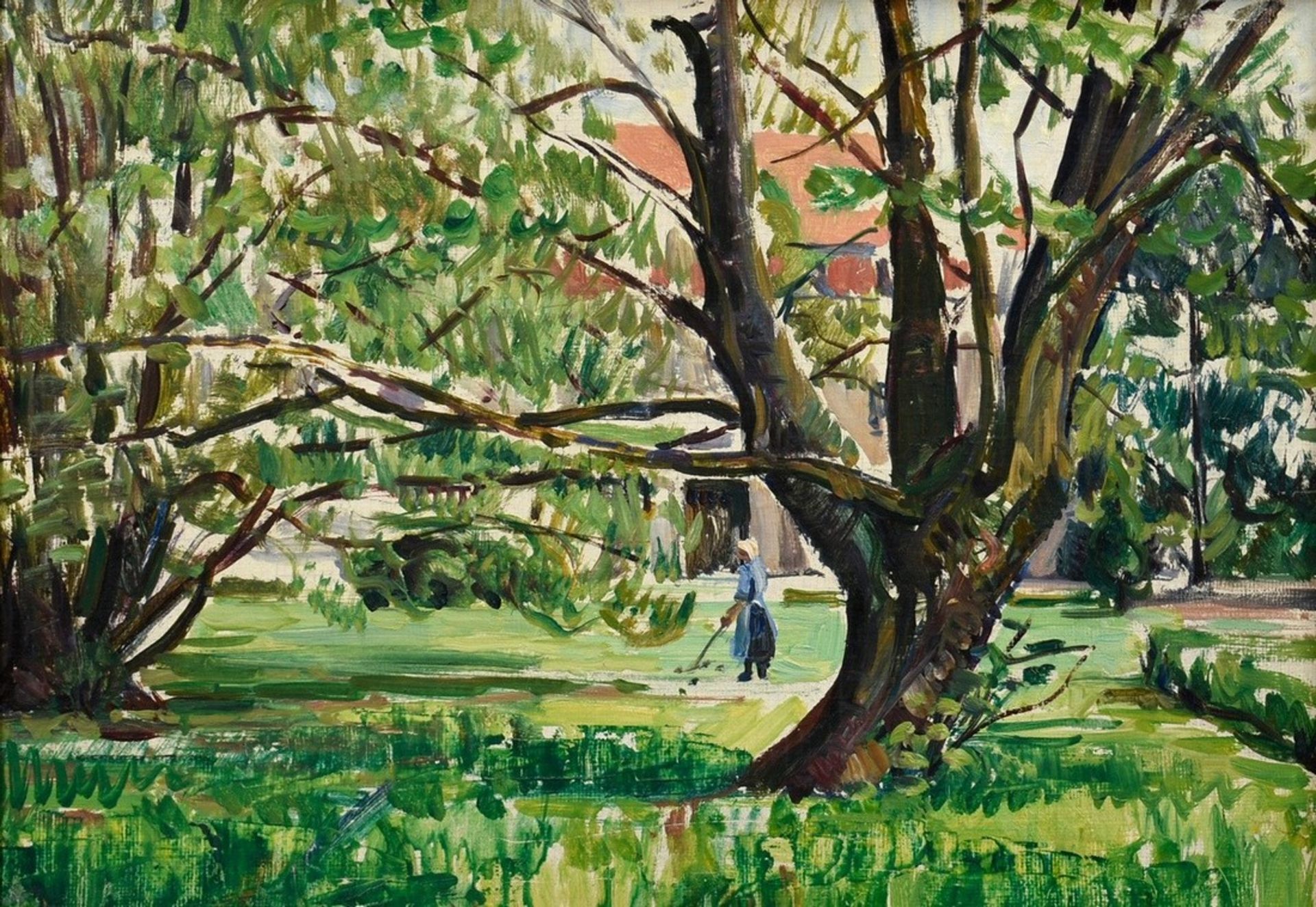Mahlau, Alfred (1894-1967) zugeschrieben „Frau im Garten“, Ölskizze/Malpappe, 35x50cm (m.R. 43,7x58