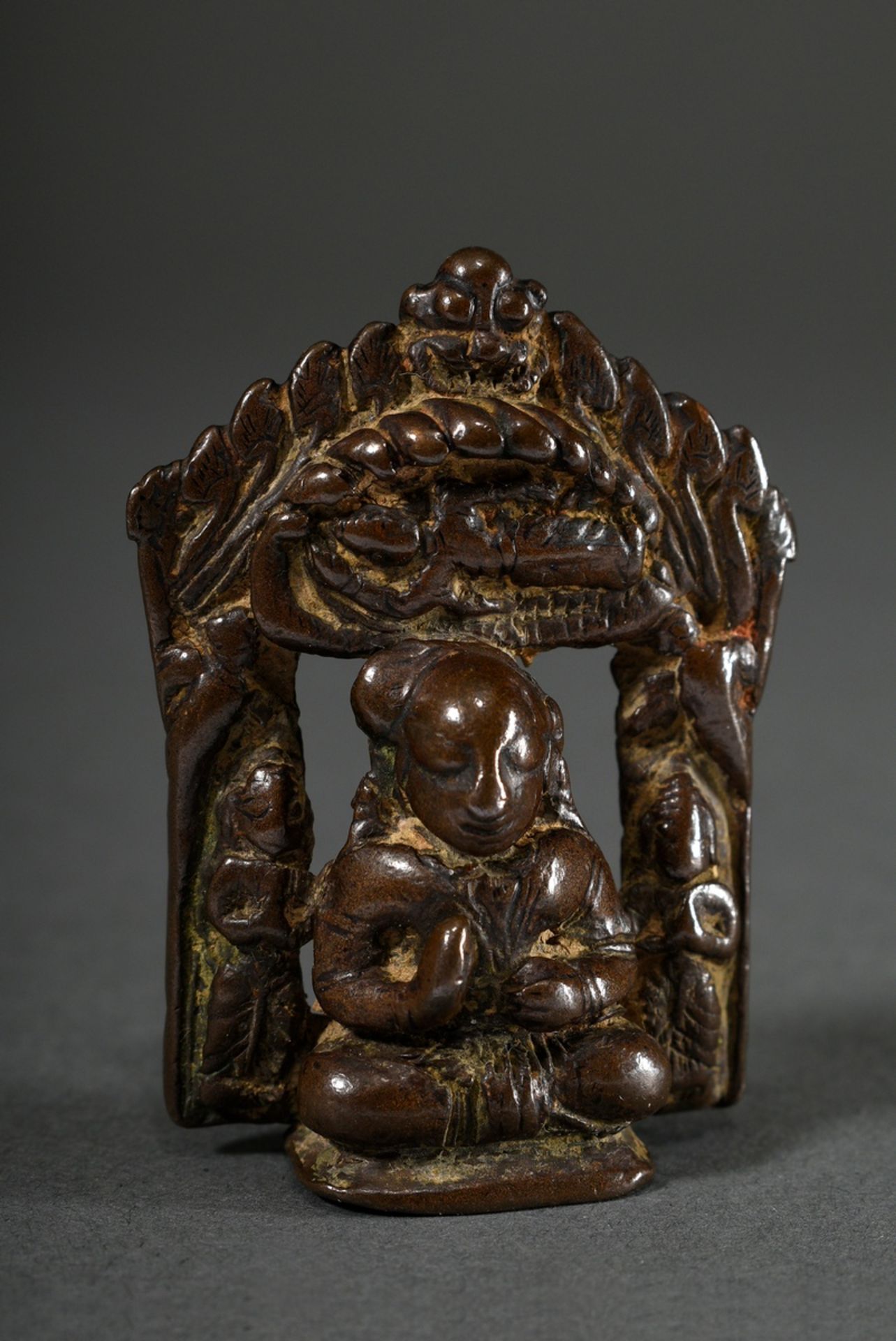 Small bronze relief "Bodhisattva with Adorants" in a shrine, reclining Buddha in a ridge, India/Him