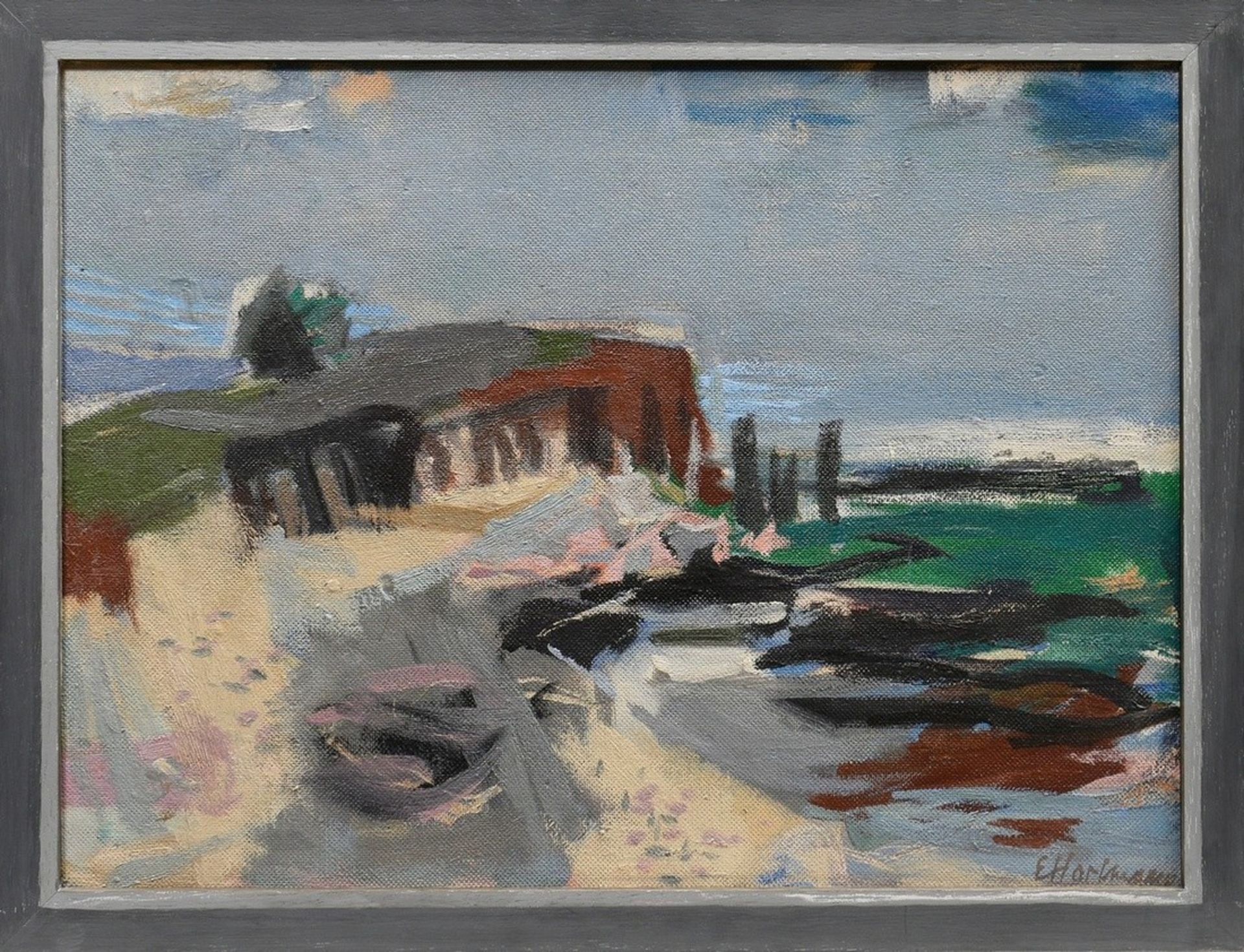 Hartmann, Erich (1886-1974) "An der Ostsee" 1949, Öl/Hartfaserplatte, u.r. sign., verso bez./betit. - Bild 2 aus 5