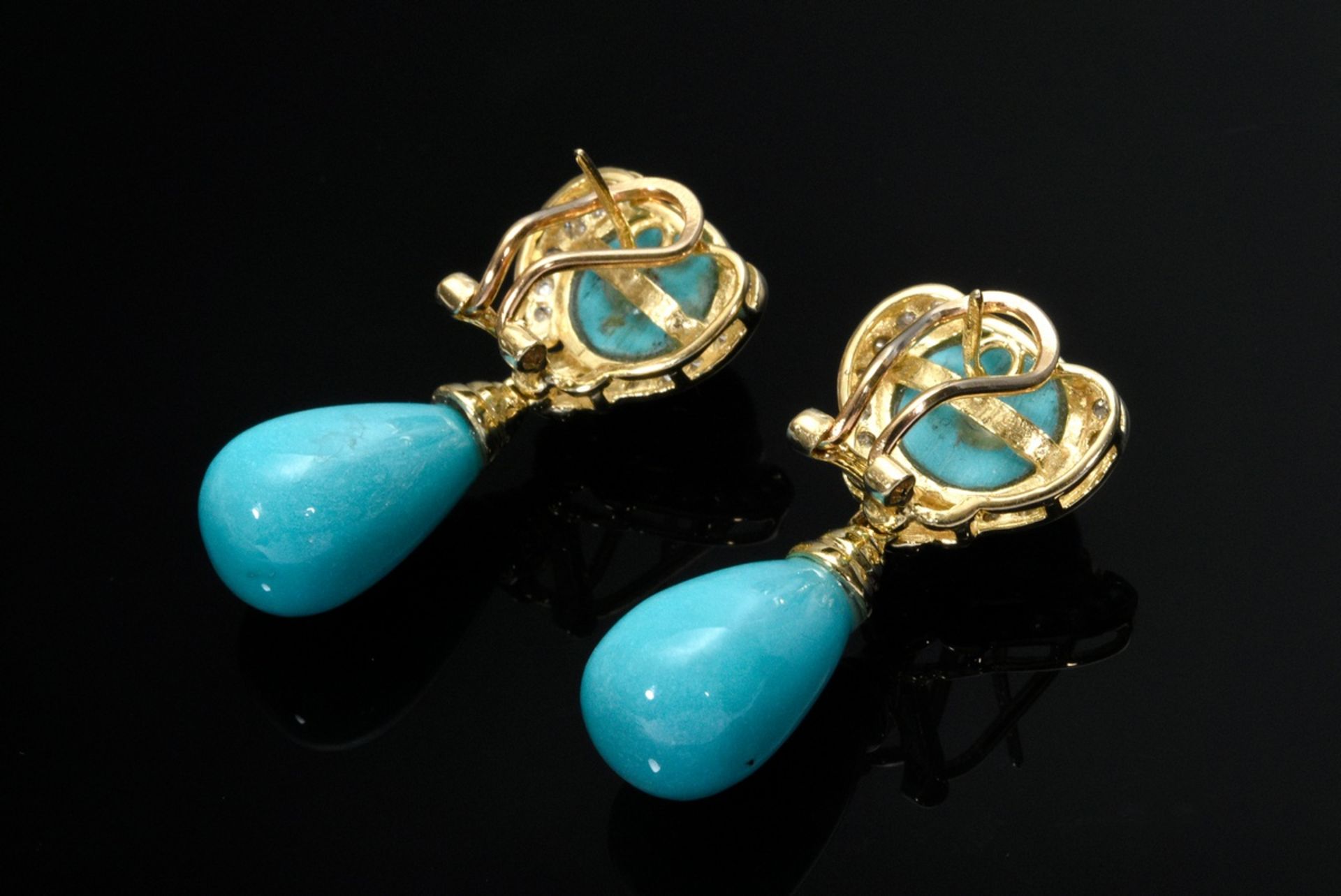 Pair of elegant Yellow gold 585 turquoise drop earrings with diamonds - Image 2 of 2