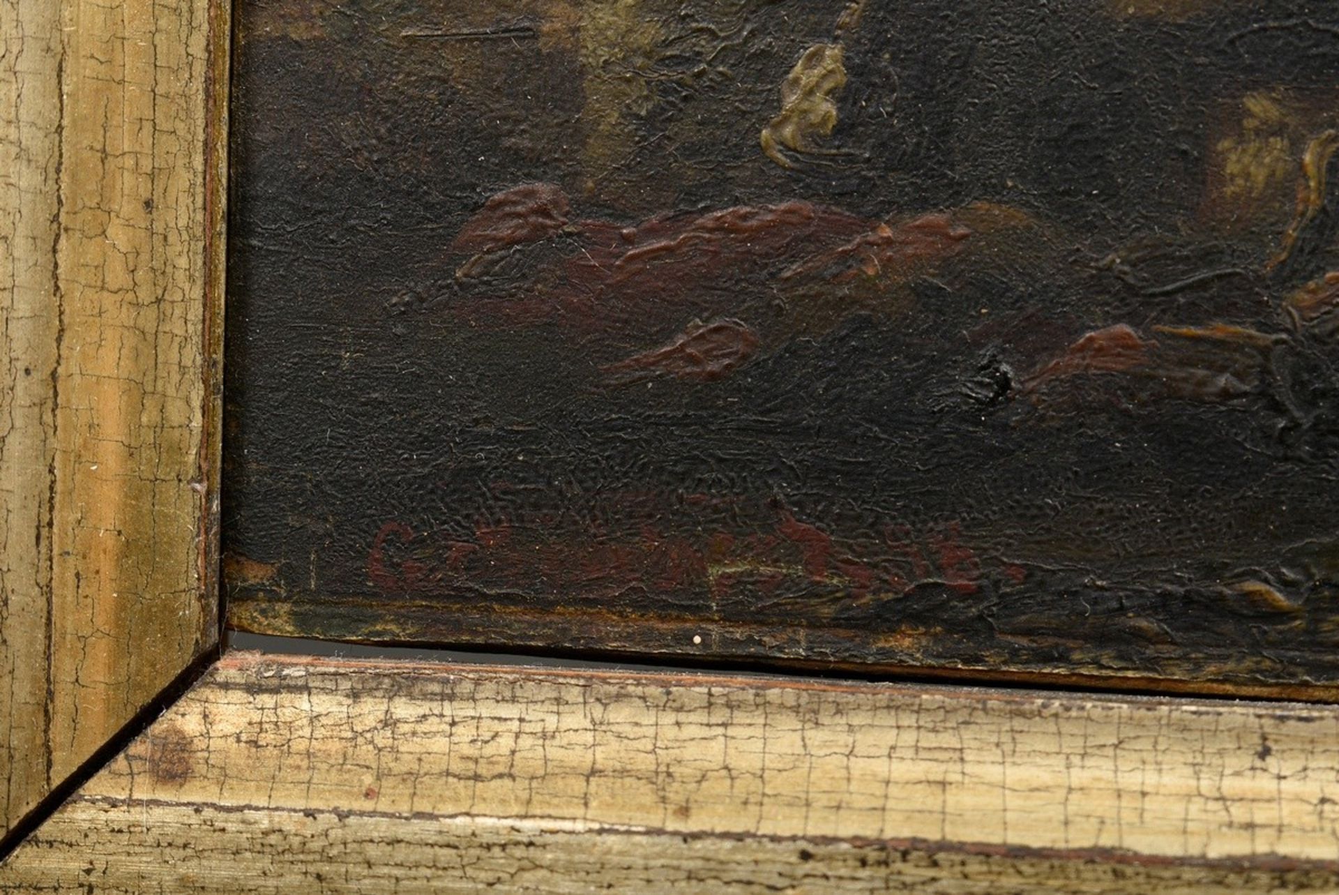 Unbekannter Maler des 19.Jh. "Rast in der Puszta", Öl/Holz, in breiter Berliner Leiste (kleine Defe - Bild 3 aus 6