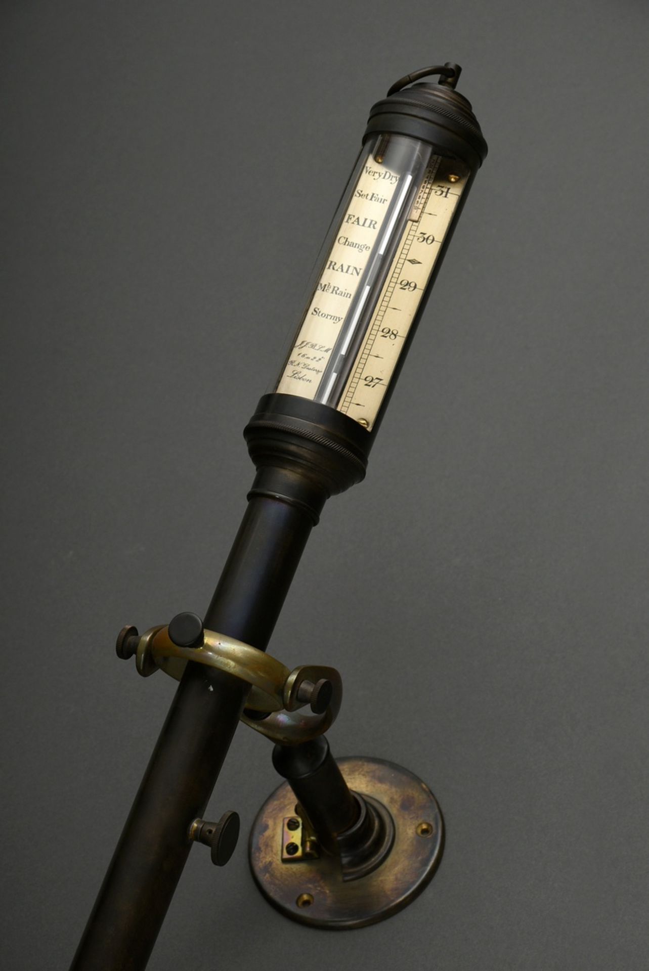 Cardanically suspended mercury barometer "J.J.B.L.M/16 a 22/R.N. Desterro/Lisbon", brass, h. 93cm,  - Image 2 of 5