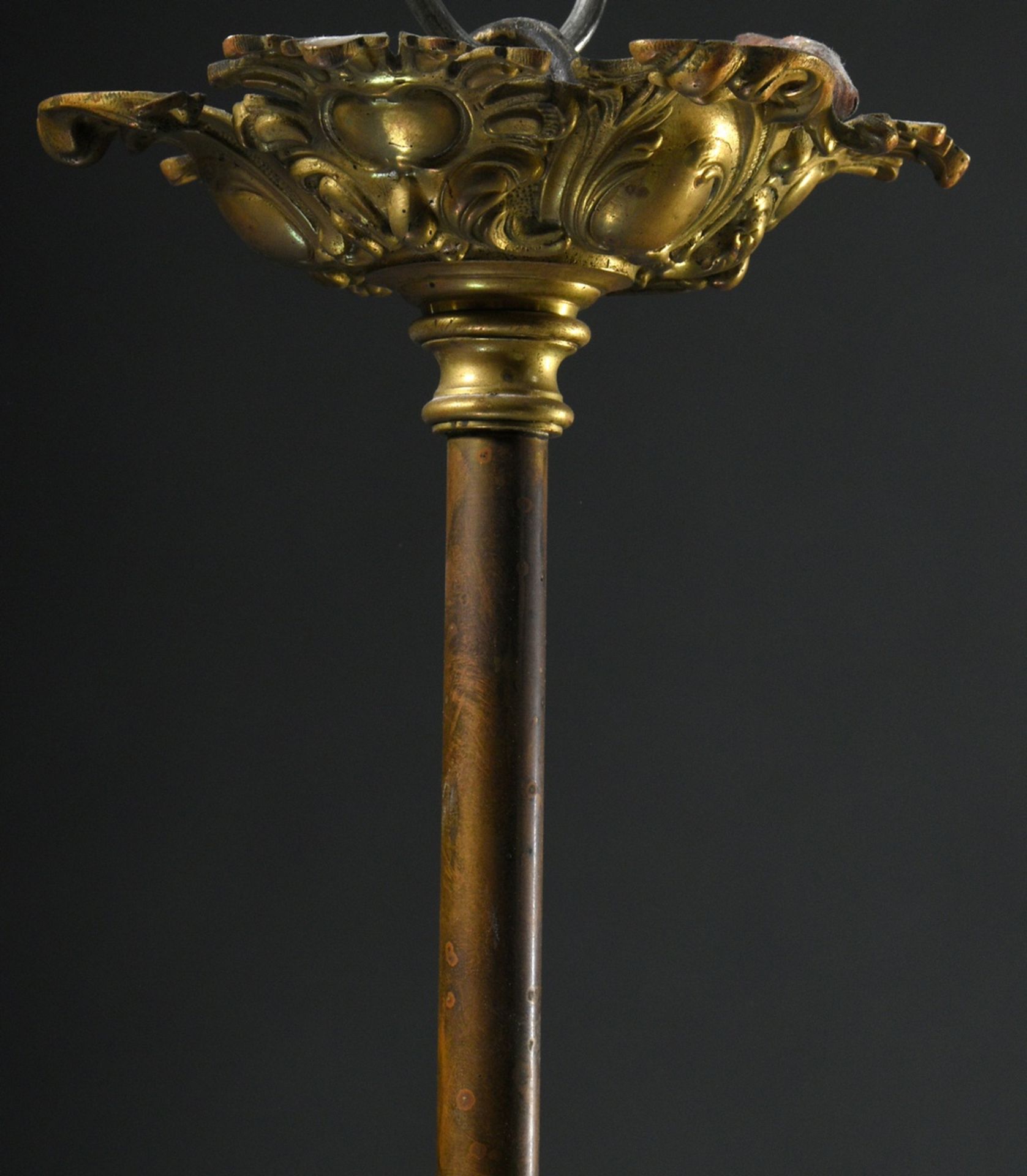 Wilhelminian period ceiling lamp with 4 frosted "flames" glass domes on brass frame with floral dec - Image 11 of 12