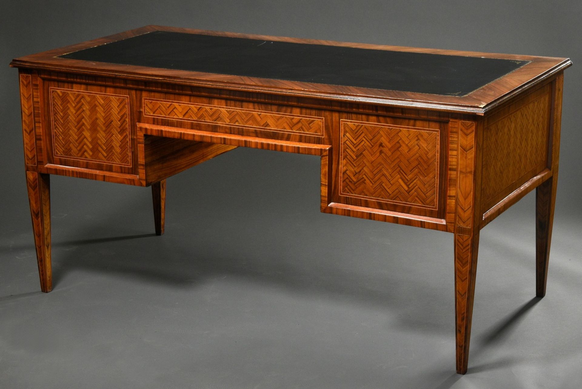 Representative free standing desk in Louis XVI style with herringbone veneer and gold punched leath - Image 3 of 12