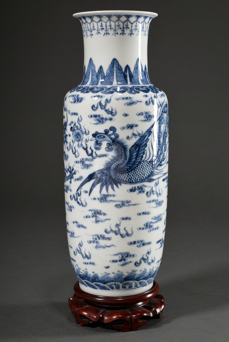Rouleau vase with blue painting "5-clawed dragon and phoenix with flaming pearl", 6-character Qianl