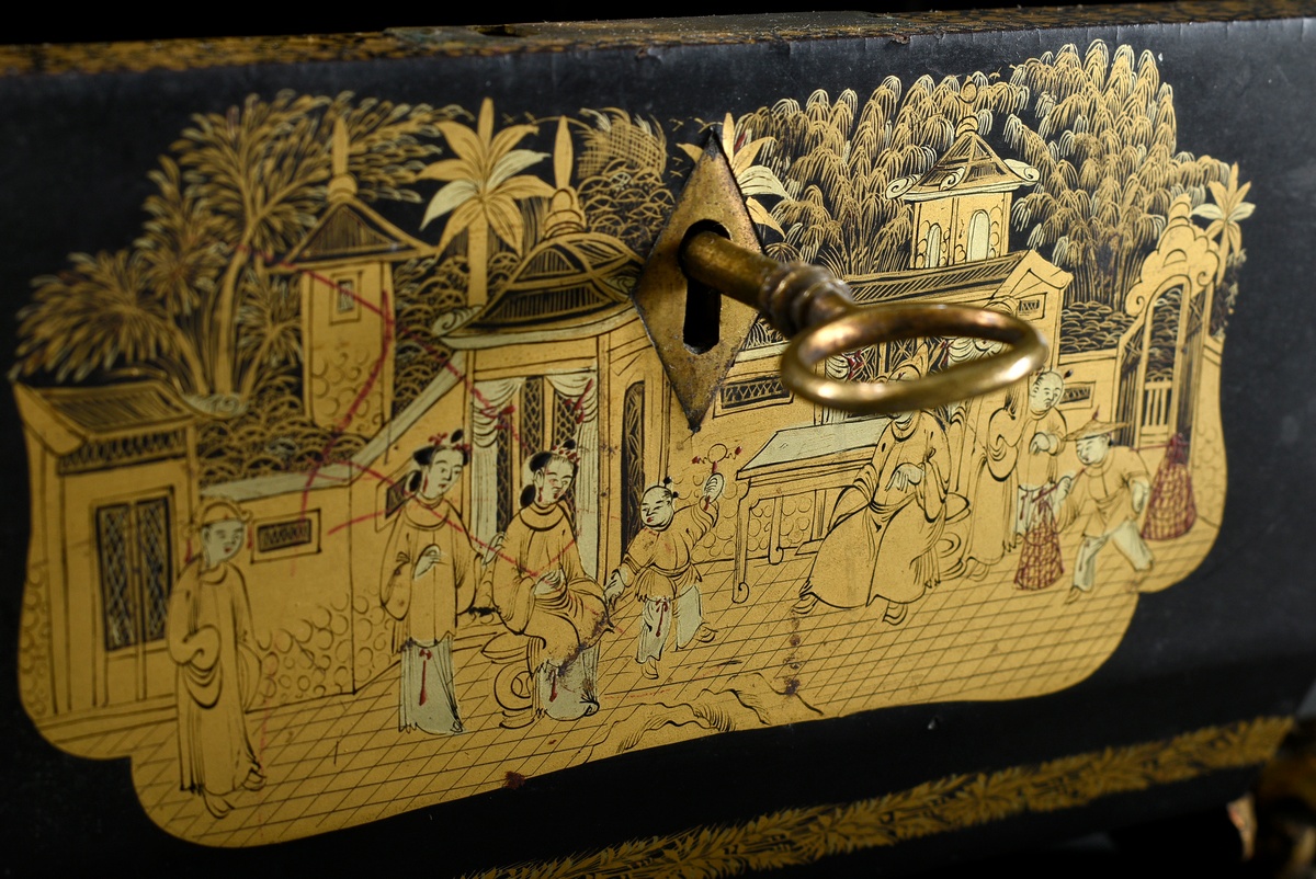 Cantonese export lacquer box with fine gold painting "Animated Everyday Scenes" and dragon framing, - Image 6 of 9