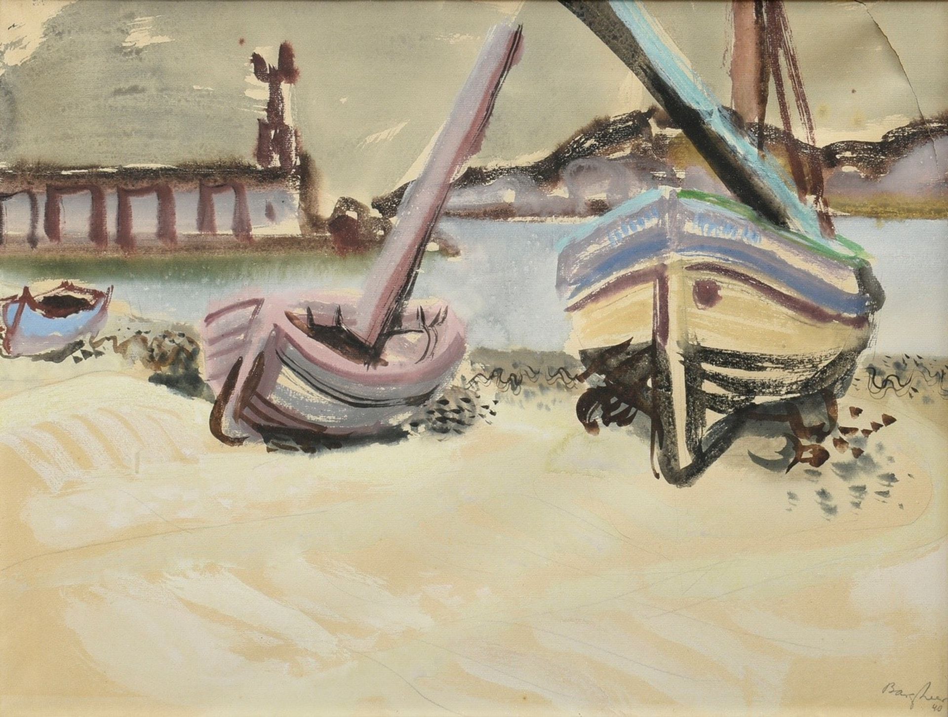 Bargheer, Eduard (1901-1979) "Ships on the beach" 1940, watercolour/pencil, lower right sign./dat.,