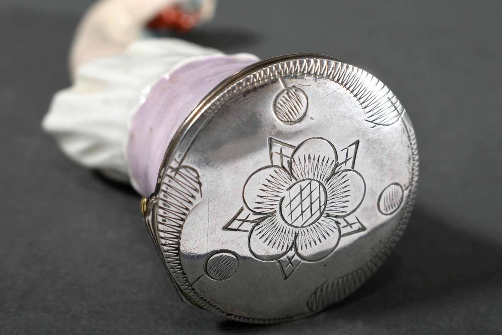Porcelain perfume box or pomander "Lady's hand with cherries" with floral engraved silver mounting, - Image 5 of 7