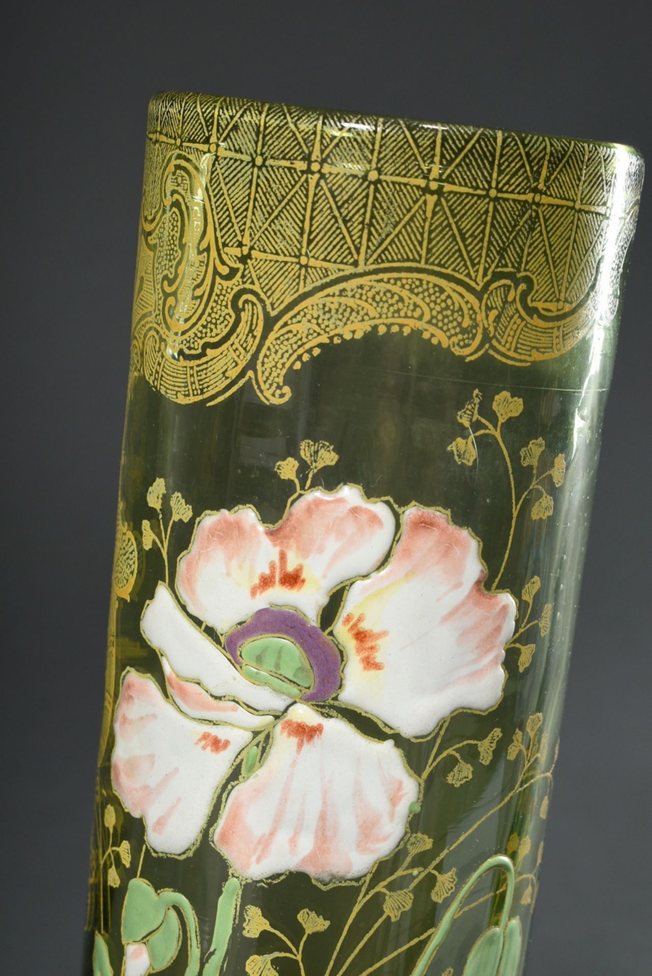 Jugendstil Vase mit floralem Dekor "Mohnblüte" in polychromer Emaillemalerei über gedrucktem Goldde - Bild 3 aus 4