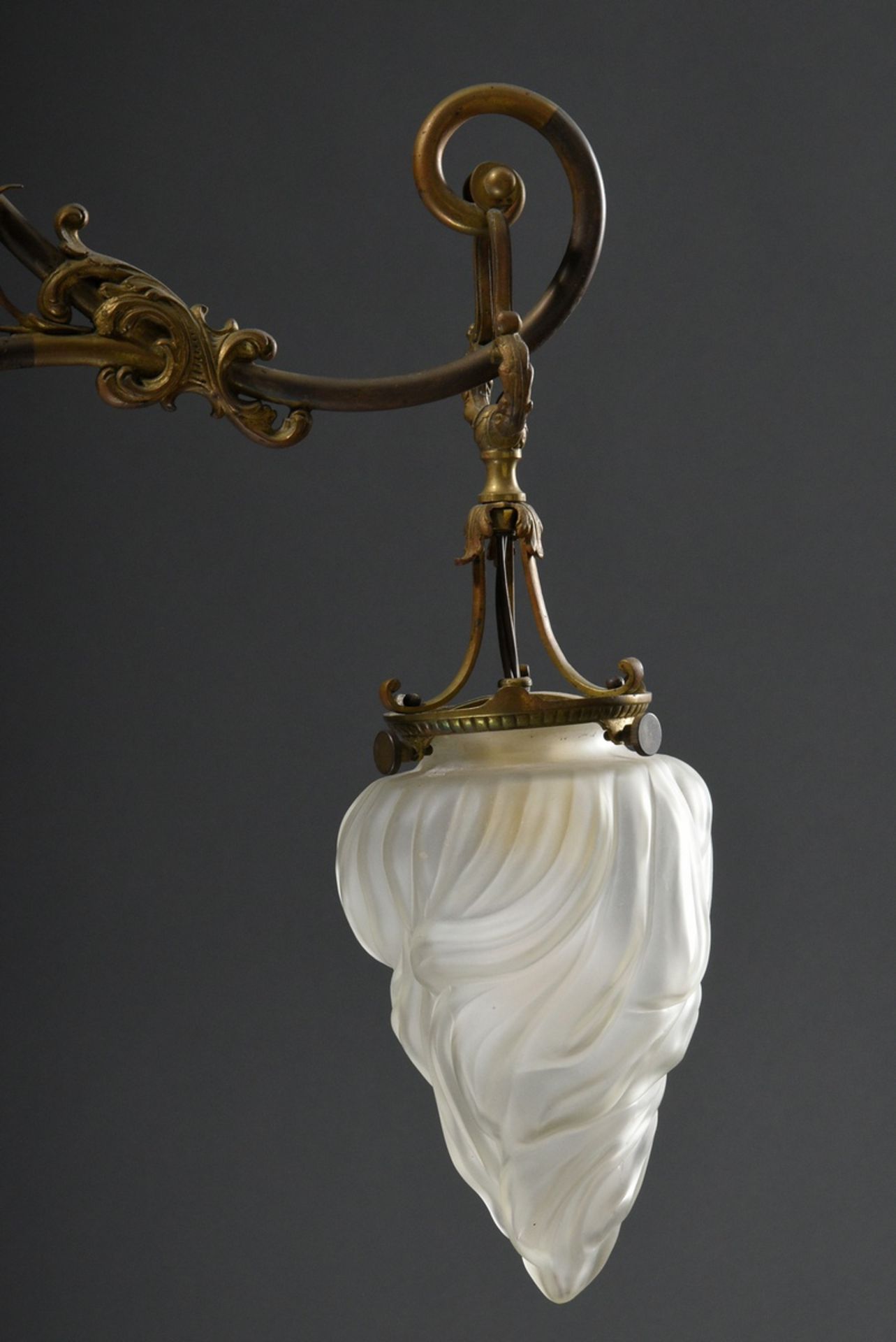 Wilhelminian period ceiling lamp with 4 frosted "flames" glass domes on brass frame with floral dec - Image 7 of 12