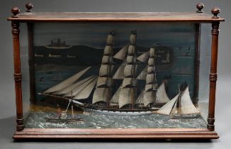 Diorama mit Schiffsvollmodell "SS Ravenscraig" mit Beibooten, verso bez. "Russel Aberdeen 1894", 61