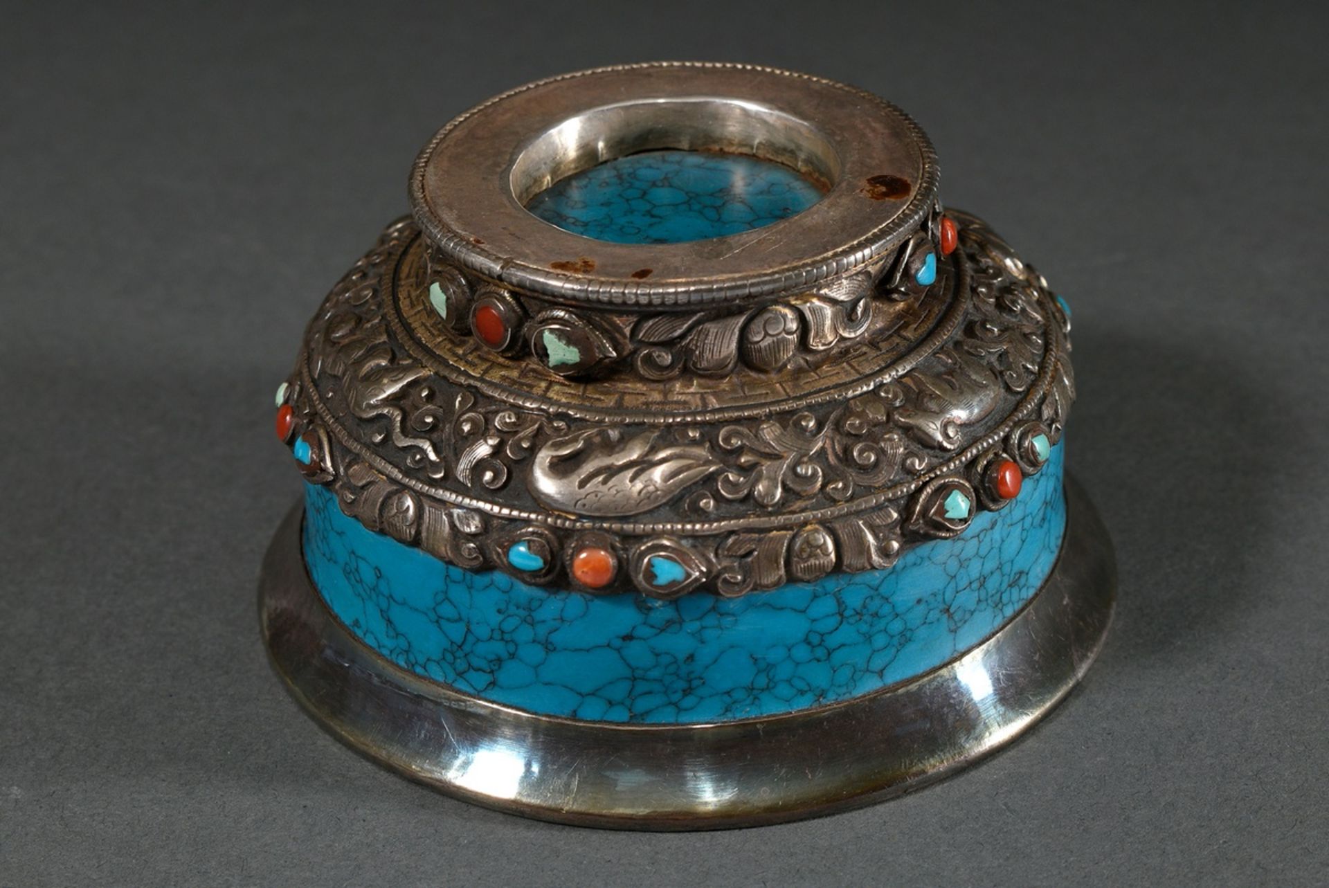 Butter tea bowl "Jha Phor", turquoise with silver mountings in relief "tendrils, blossoms, depictio - Image 2 of 3