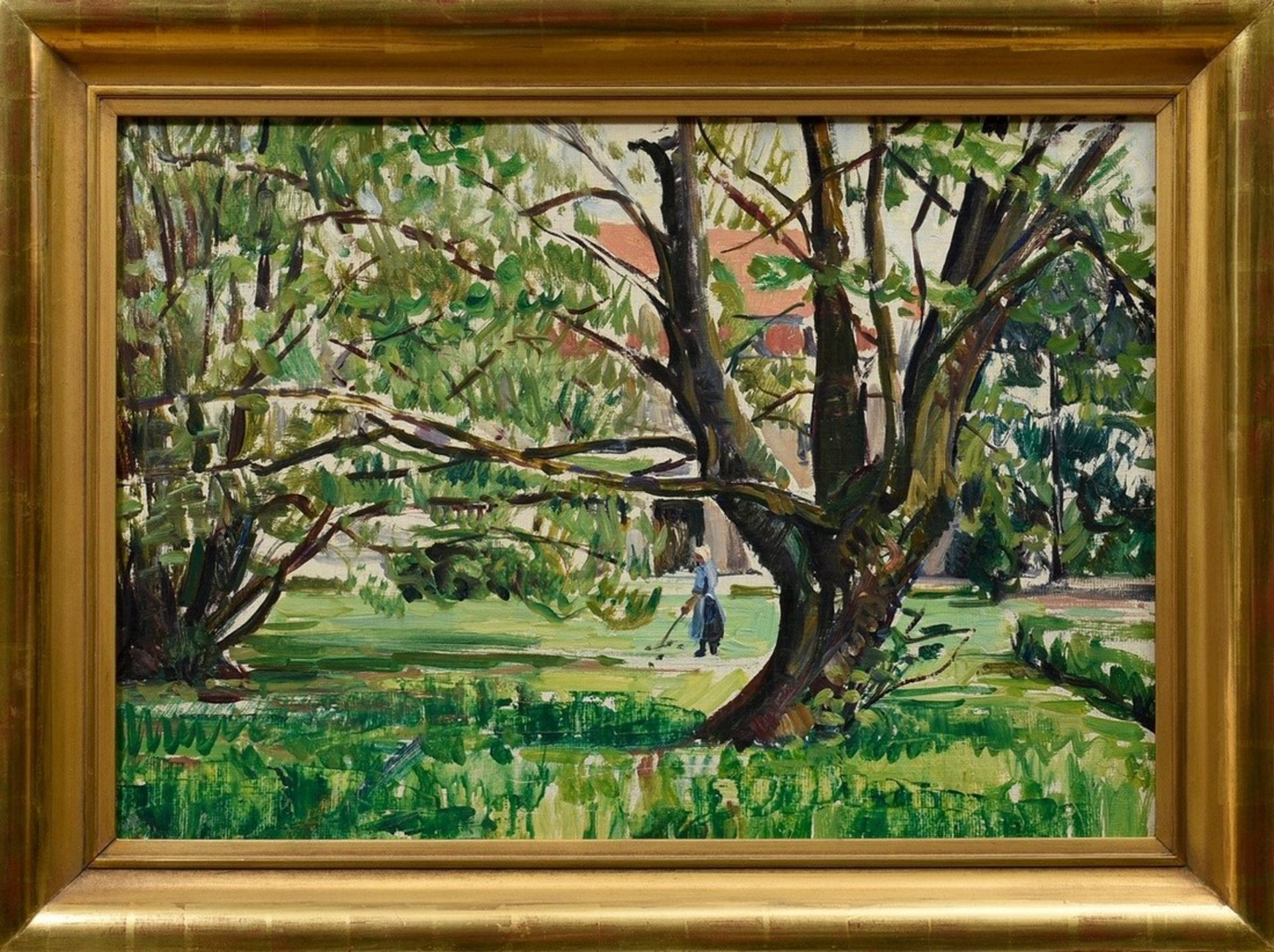Mahlau, Alfred (1894-1967) zugeschrieben „Frau im Garten“, Ölskizze/Malpappe, 35x50cm (m.R. 43,7x58 - Bild 2 aus 3